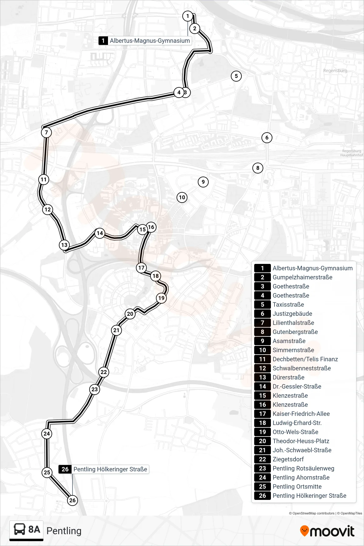8A bus Line (Pentling) route and stops on a map