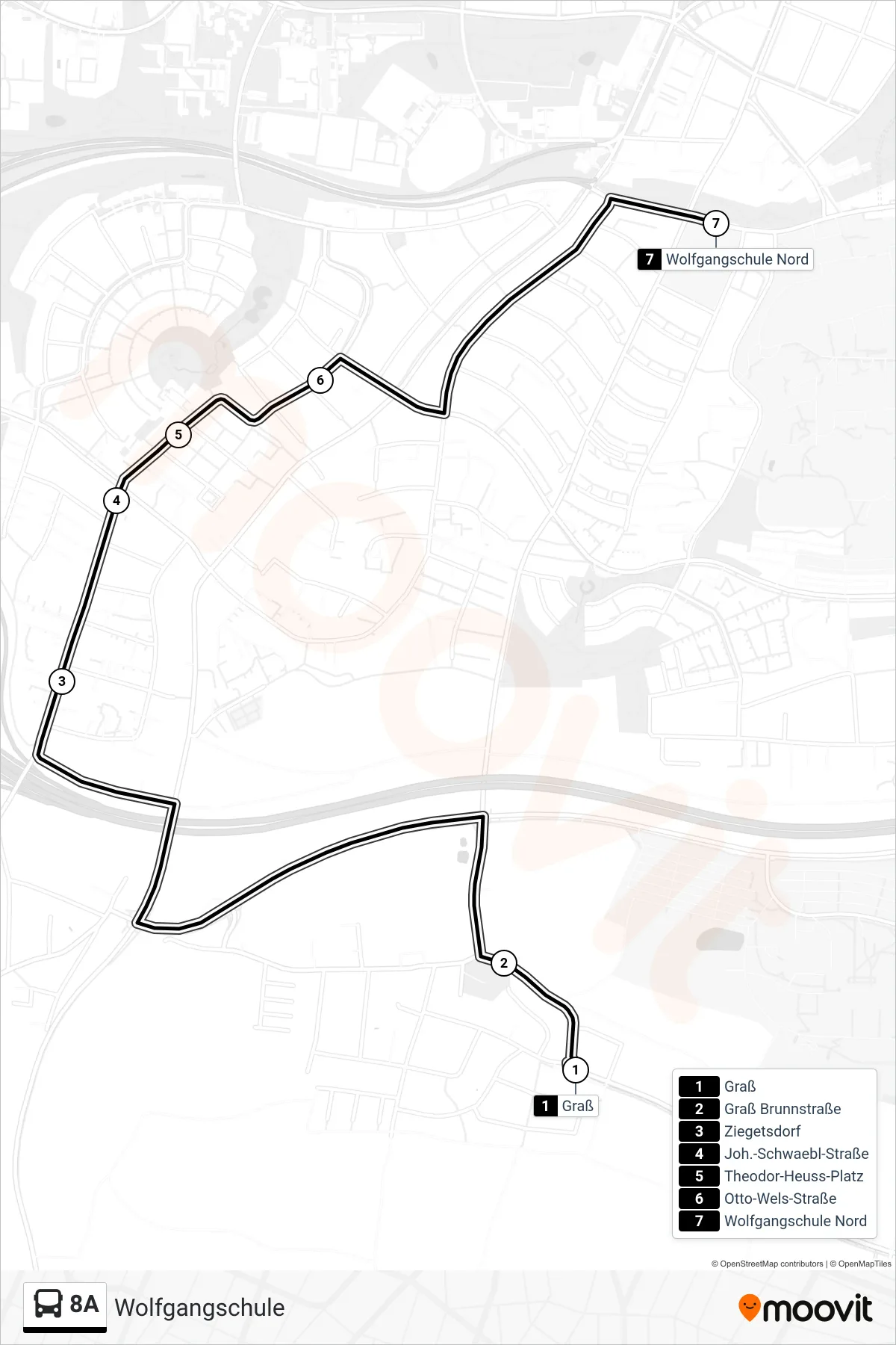 8A bus Line (Wolfgangschule) route and stops on a map
