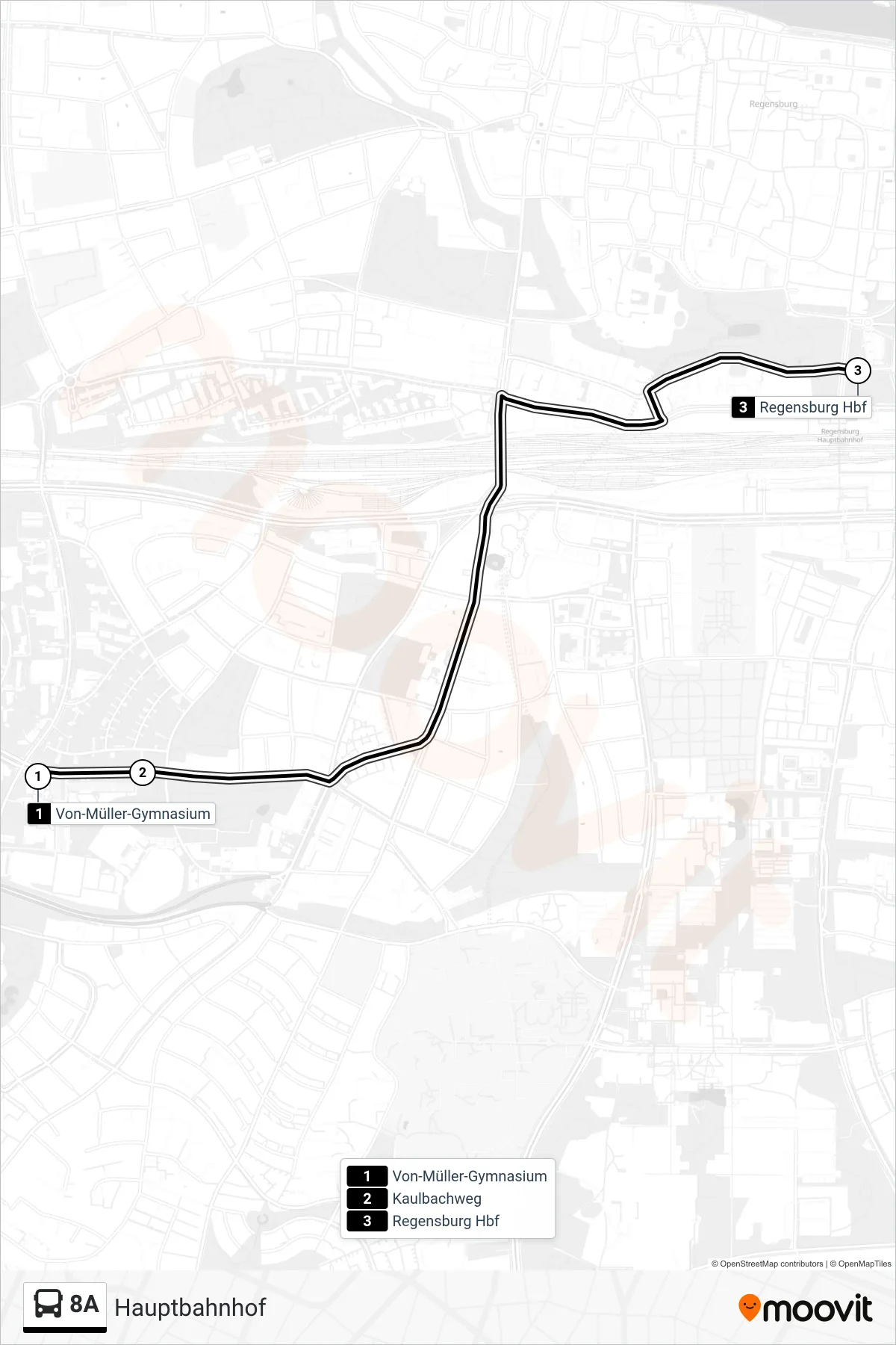Linie 8A (Bus) Richtung Hauptbahnhof: Route und Haltestellen auf der Karte