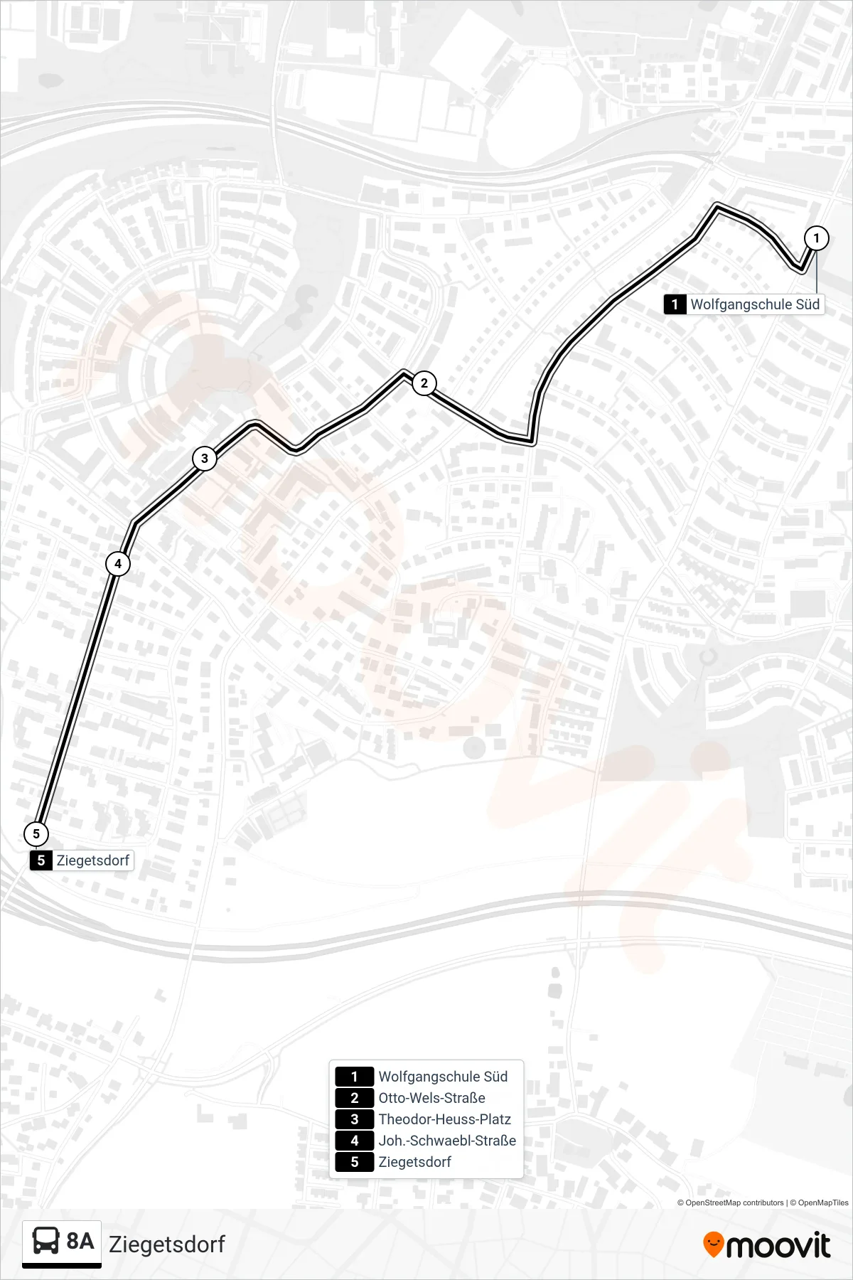 8A bus Line (Ziegetsdorf) route and stops on a map