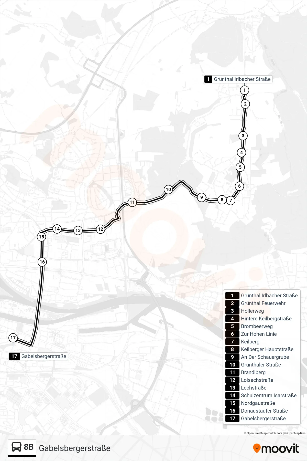 Linie 8B (Bus) Richtung Gabelsbergerstraße: Route und Haltestellen auf der Karte