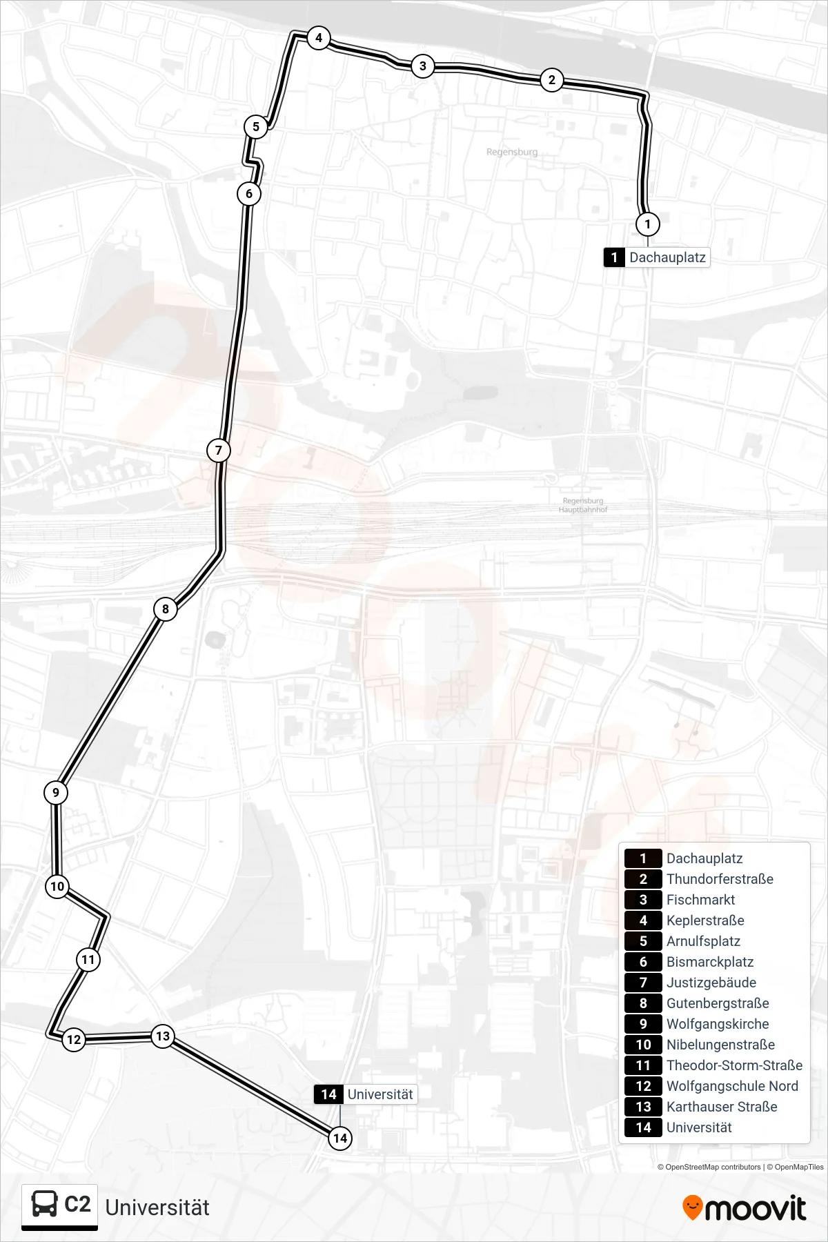 Linie C2 (Bus) Richtung Universität: Route und Haltestellen auf der Karte