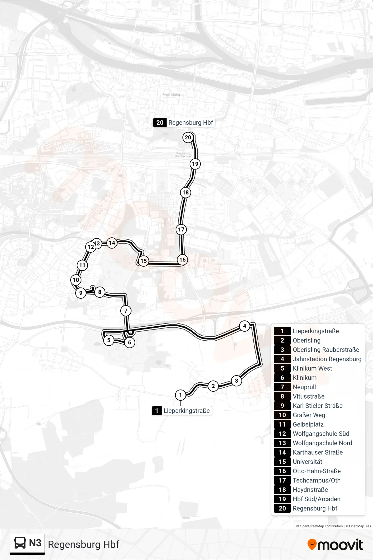Linie N3 (Bus) Richtung Regensburg Hbf: Route und Haltestellen auf der Karte