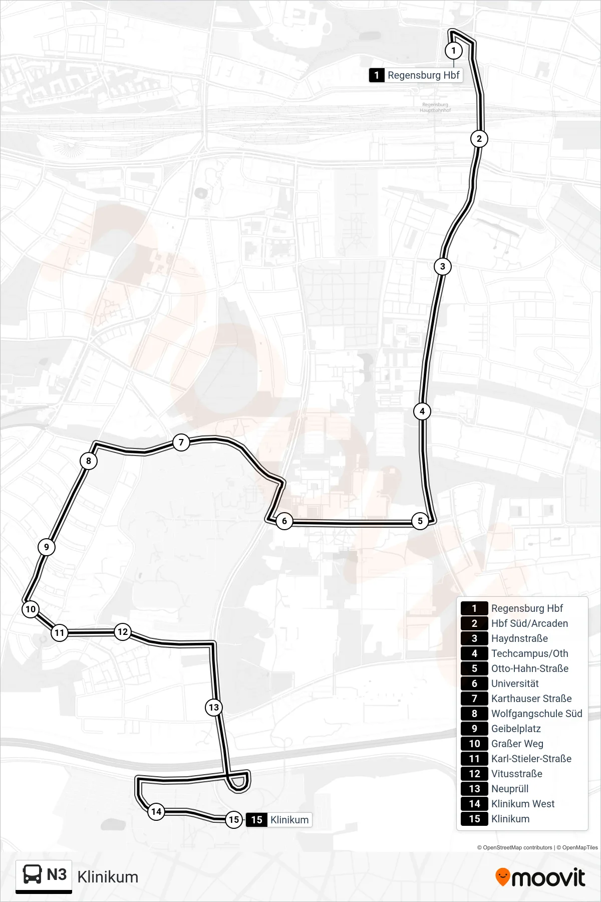 N3 bus Line (Klinikum) route and stops on a map