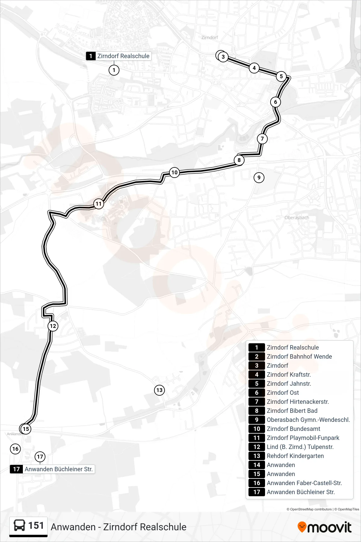 151 bus Line (Anwanden) route and stops on a map
