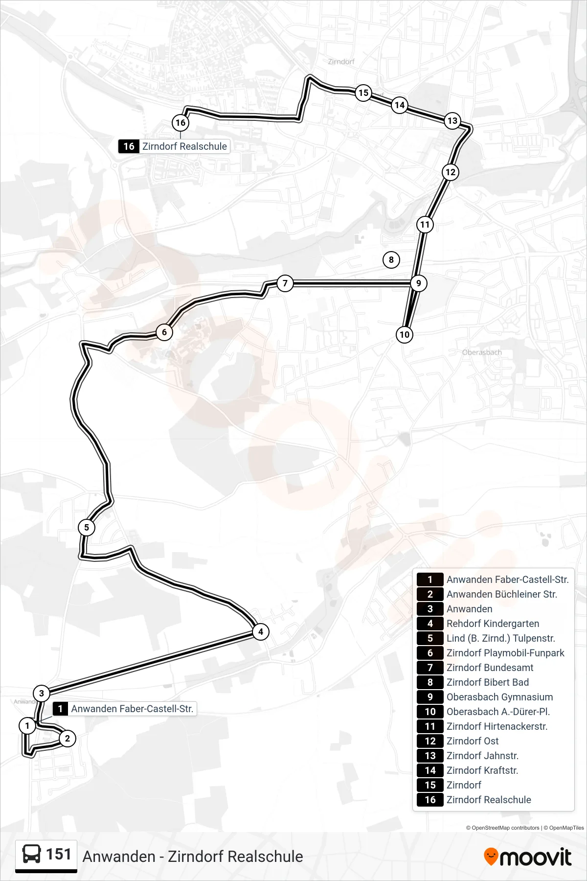 151 bus Line (Zirndorf) route and stops on a map