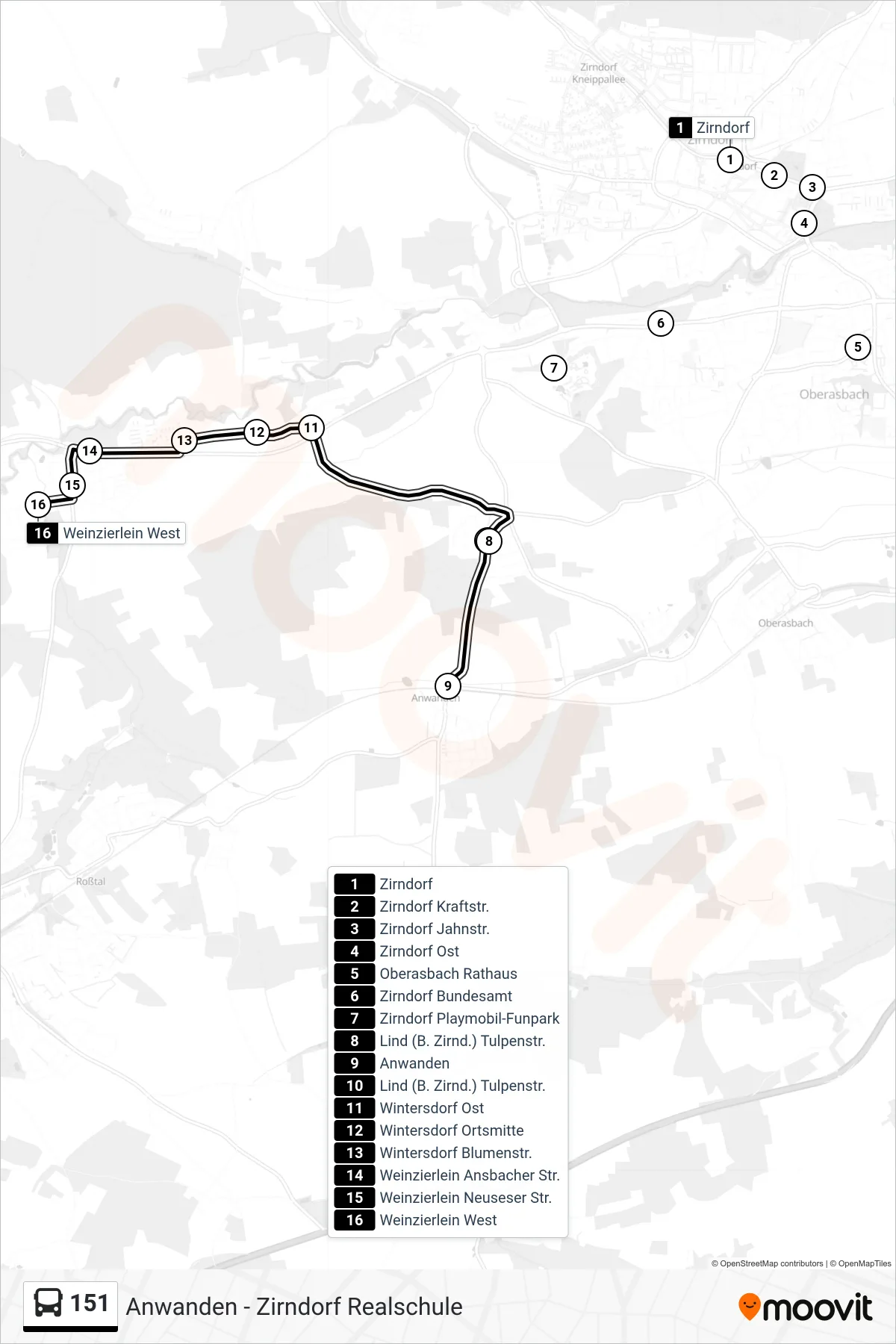 151 bus Line (Weinzierlein) route and stops on a map