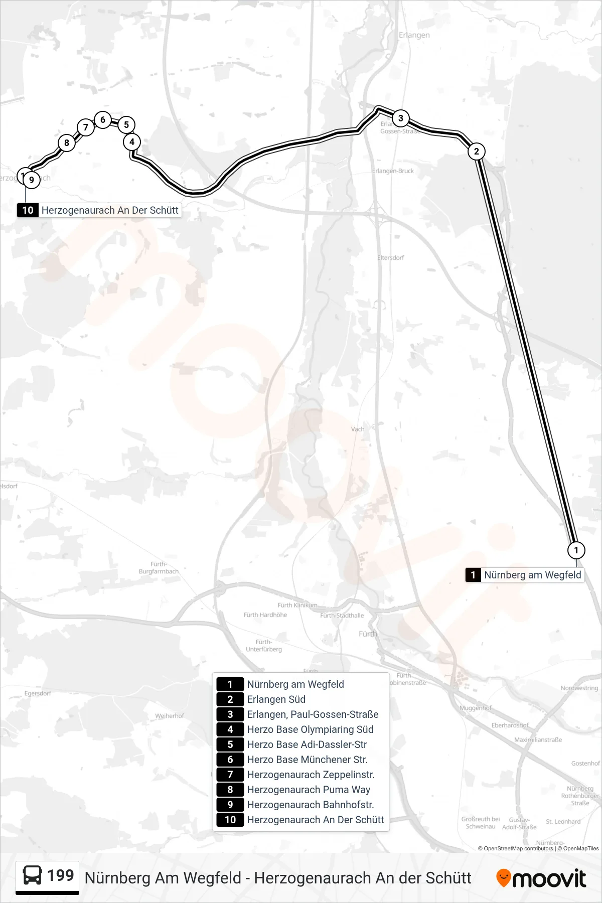 199 bus Line (Herzogenaurach) route and stops on a map