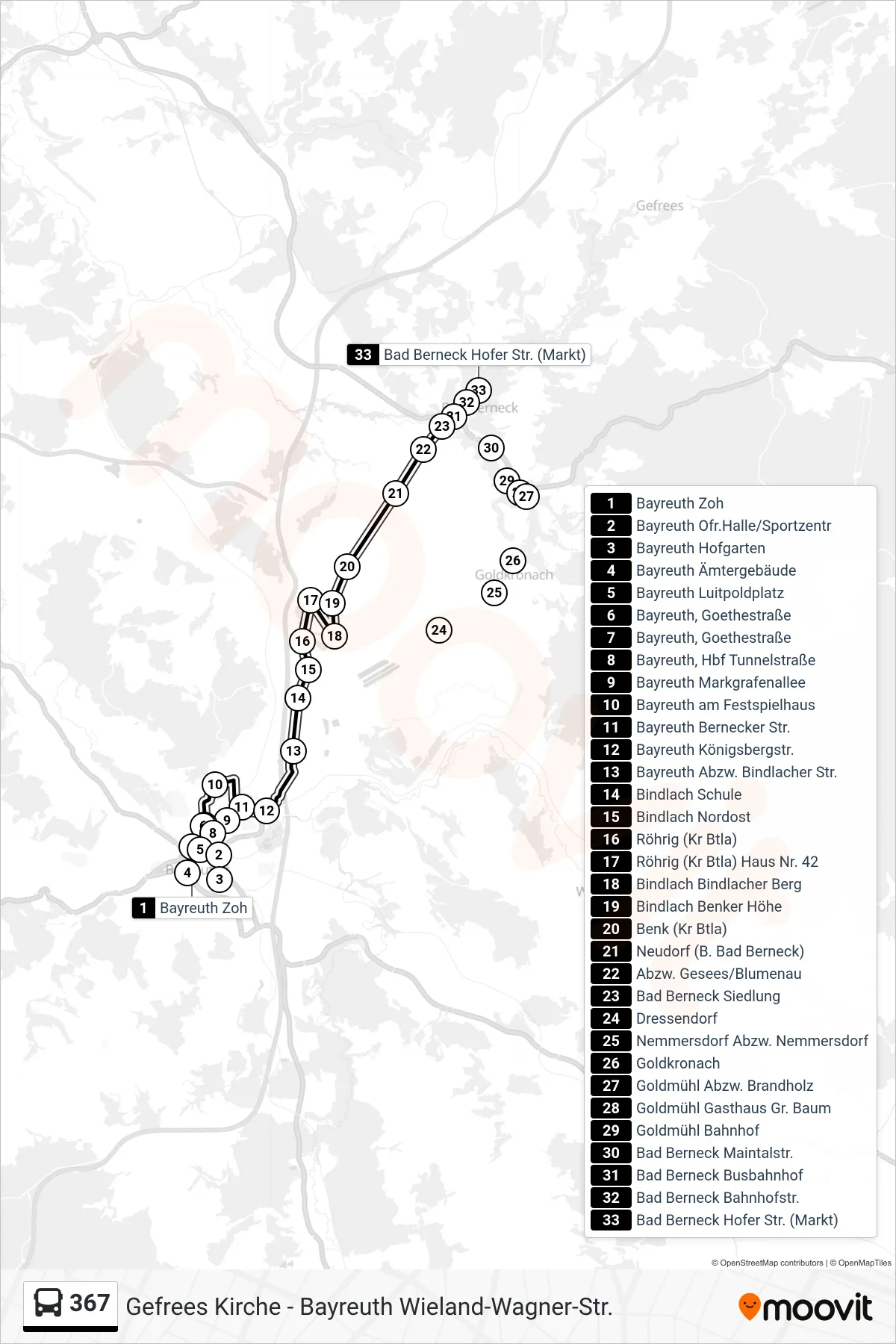 367 bus Line (Bad Berneck) route and stops on a map