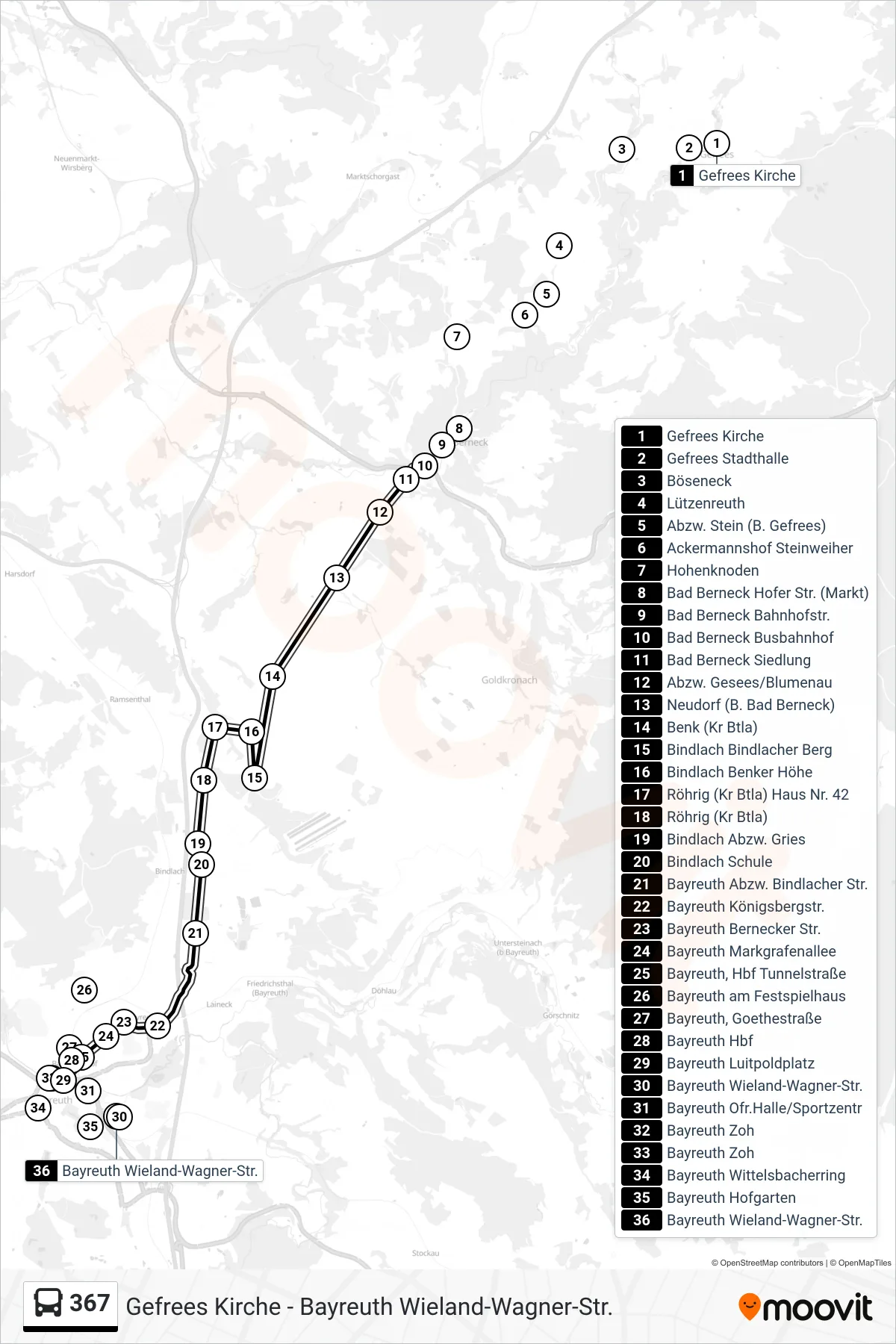 Linie 367 (Bus) Richtung Bayreuth: Route und Haltestellen auf der Karte