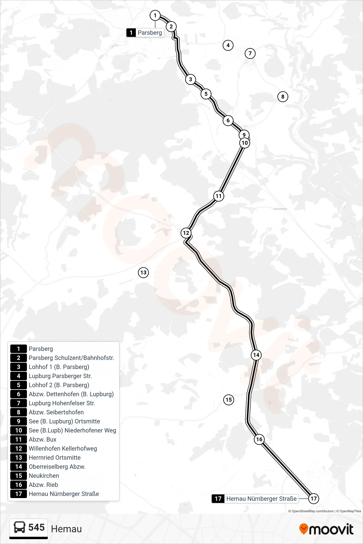 545 bus Line (Hemau) route and stops on a map