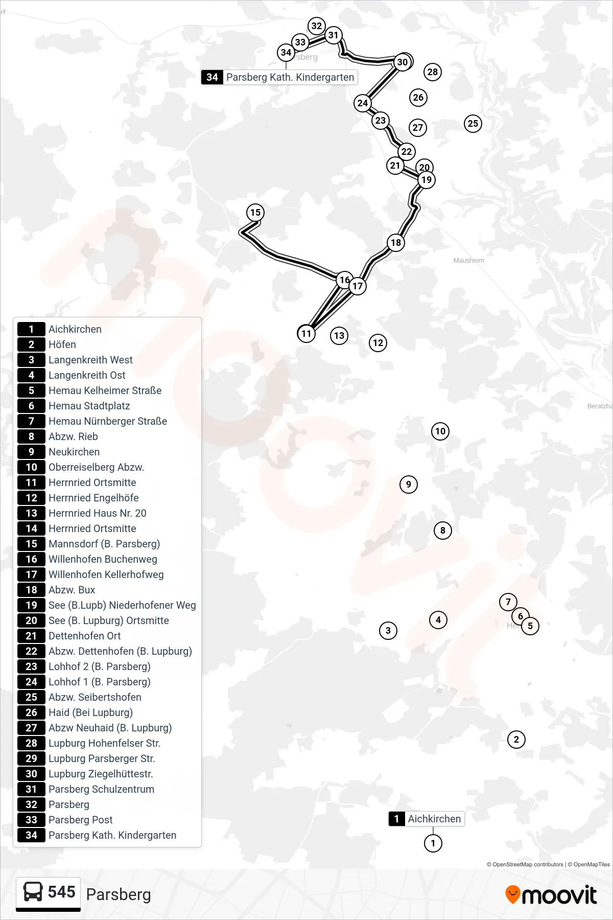 545 bus Line (Parsberg) route and stops on a map