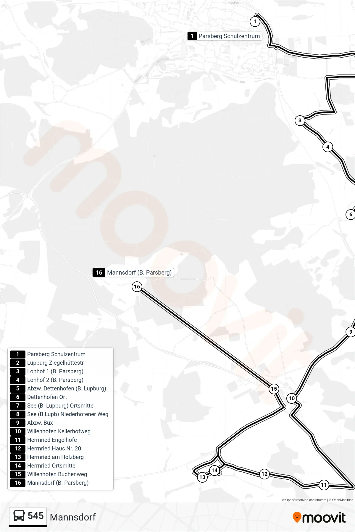 545 bus Line (Mannsdorf) route and stops on a map