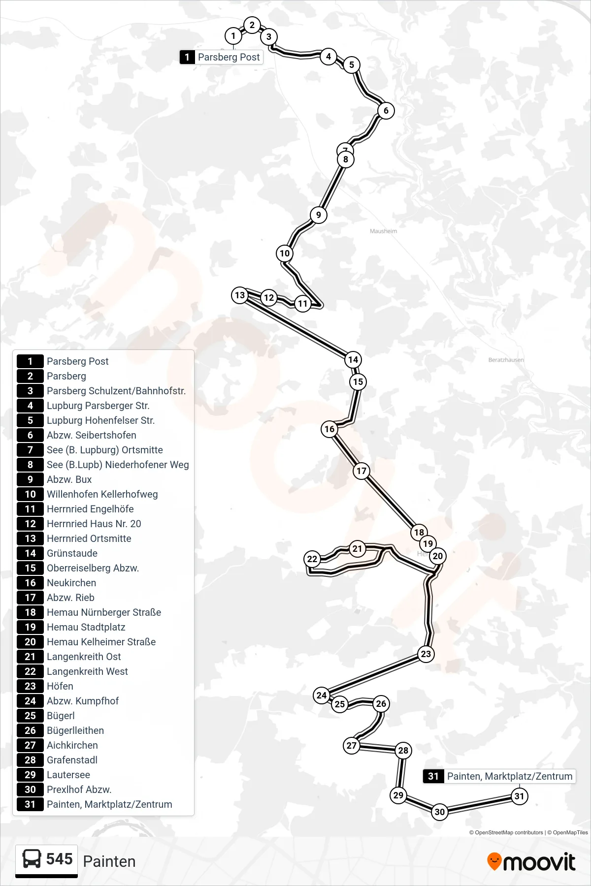 545 bus Line (Painten) route and stops on a map