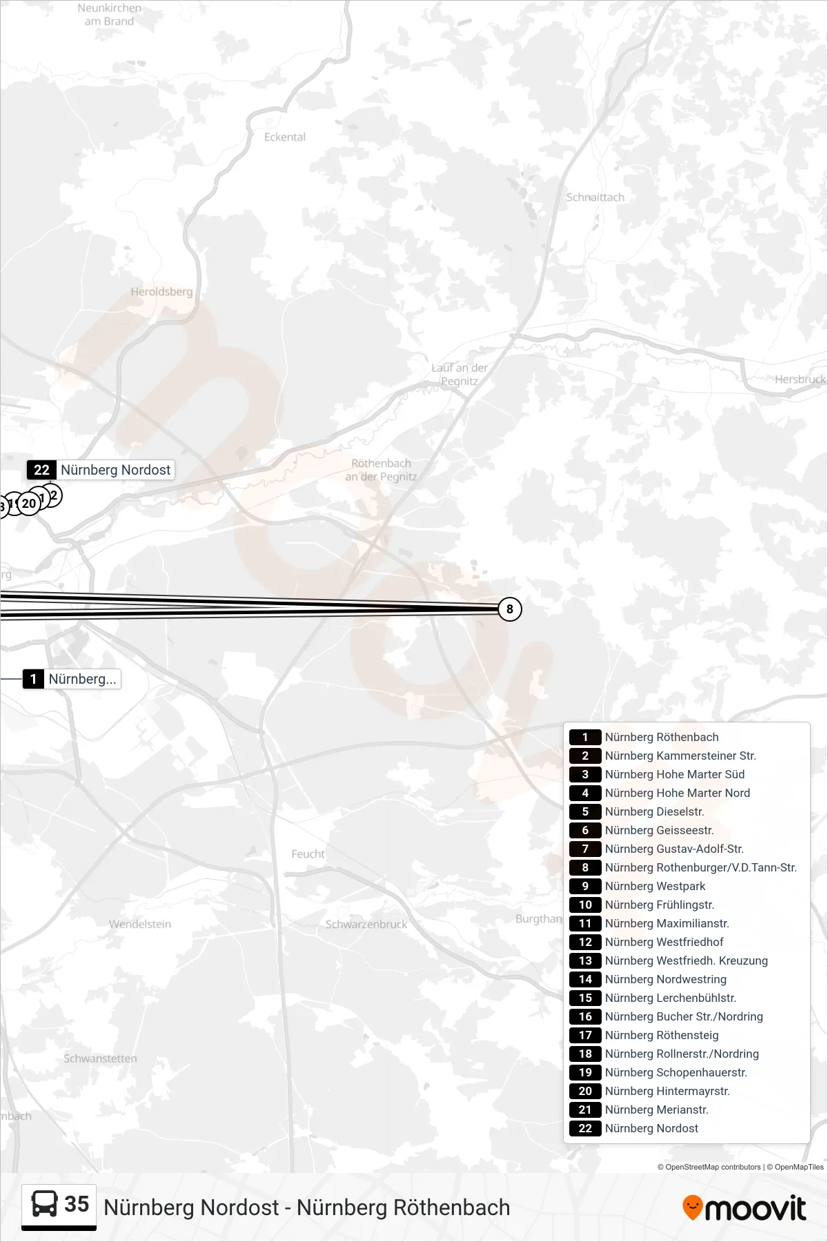 35 bus Line (Nürnberg Nordost) route and stops on a map