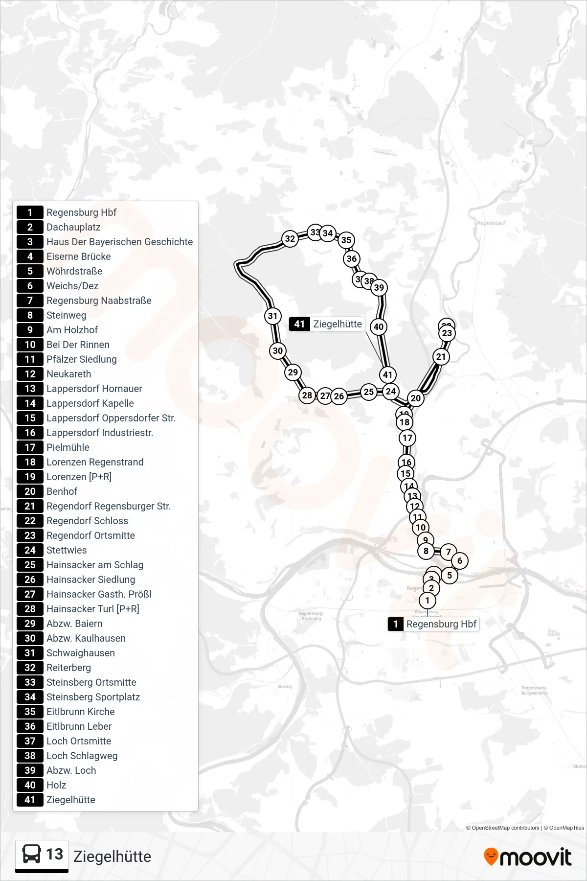 13 bus Line (Ziegelhütte) route and stops on a map