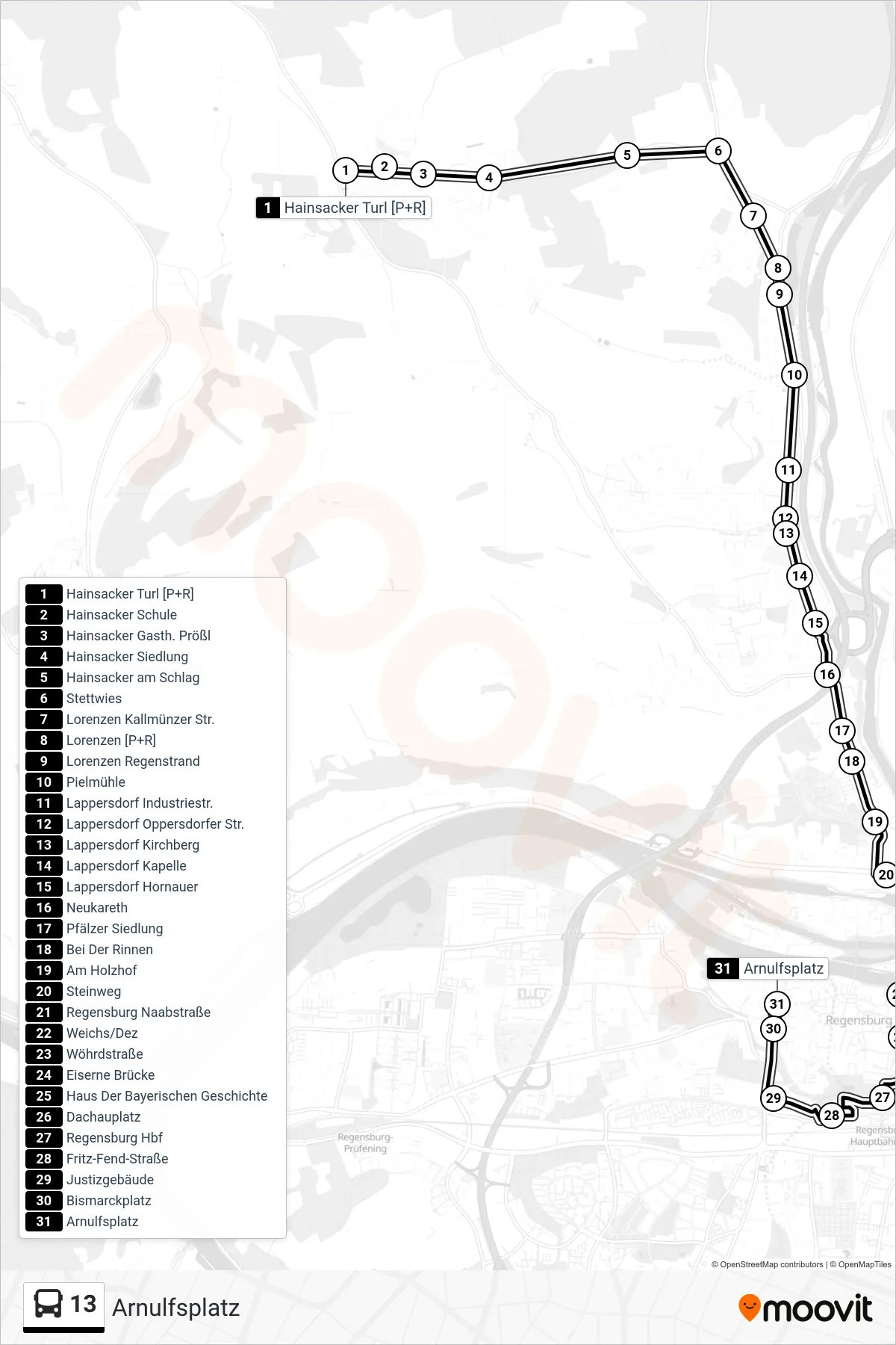 13 bus Line (Arnulfsplatz) route and stops on a map