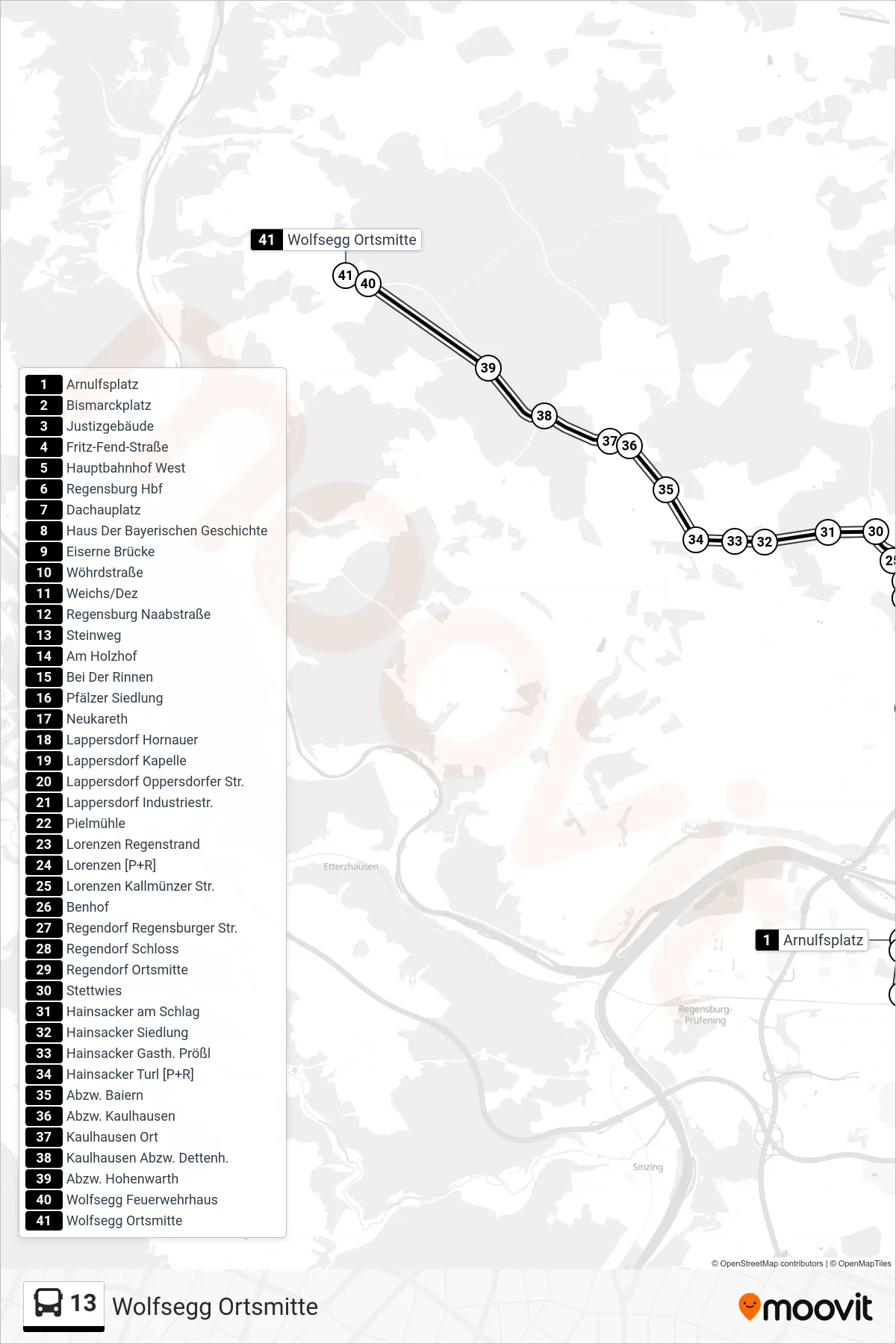 13 bus Line (Wolfsegg Ortsmitte) route and stops on a map