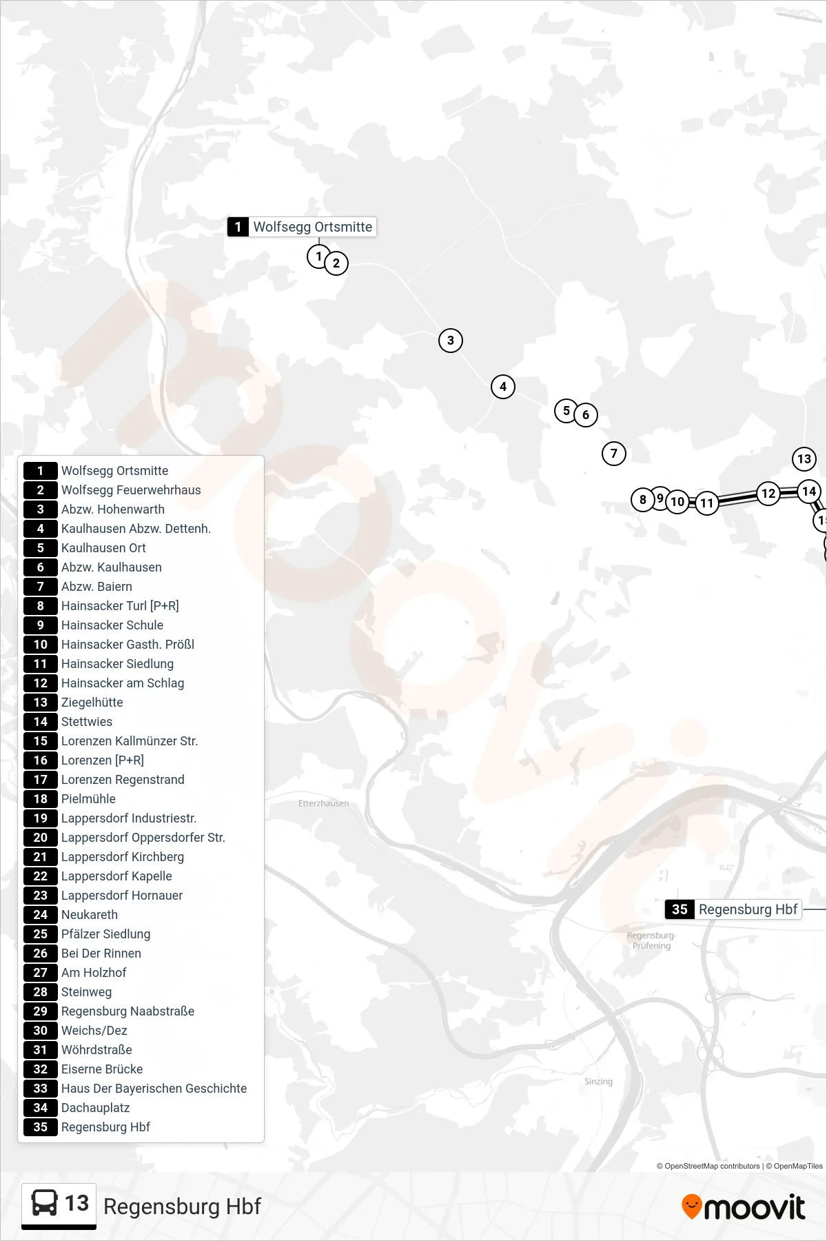 13 bus Line (Regensburg Hbf) route and stops on a map