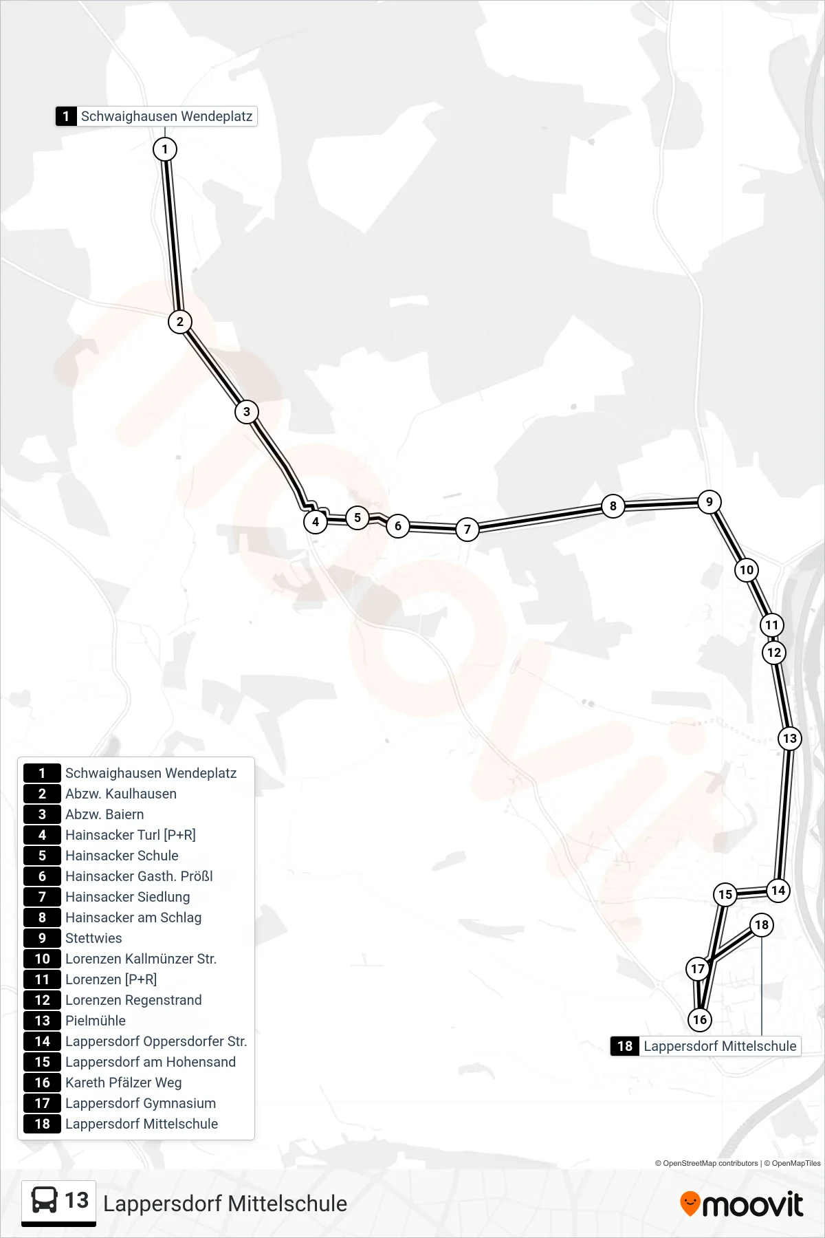 13 bus Line (Lappersdorf Mittelschule) route and stops on a map