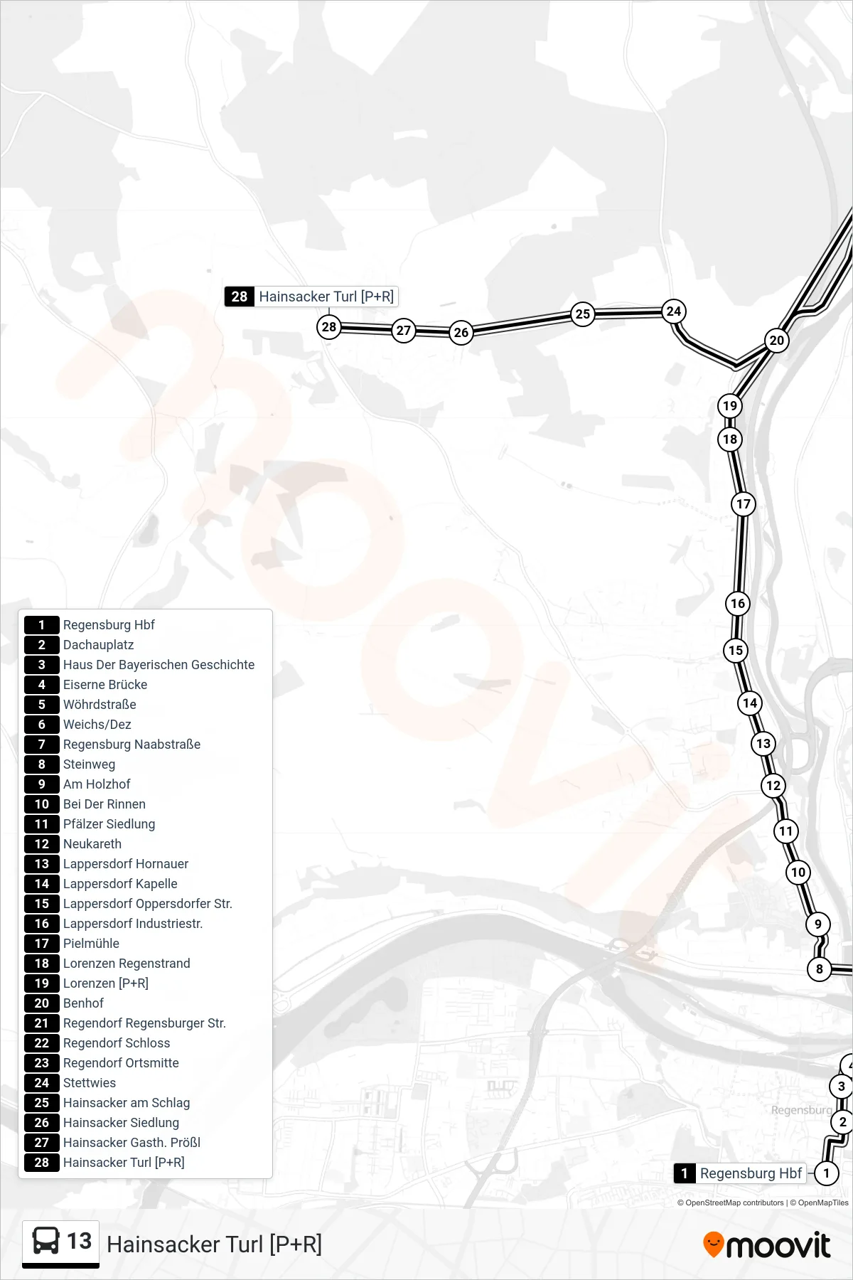 Linie 13 (Bus) Richtung Hainsacker Turl [P+R]: Route und Haltestellen auf der Karte