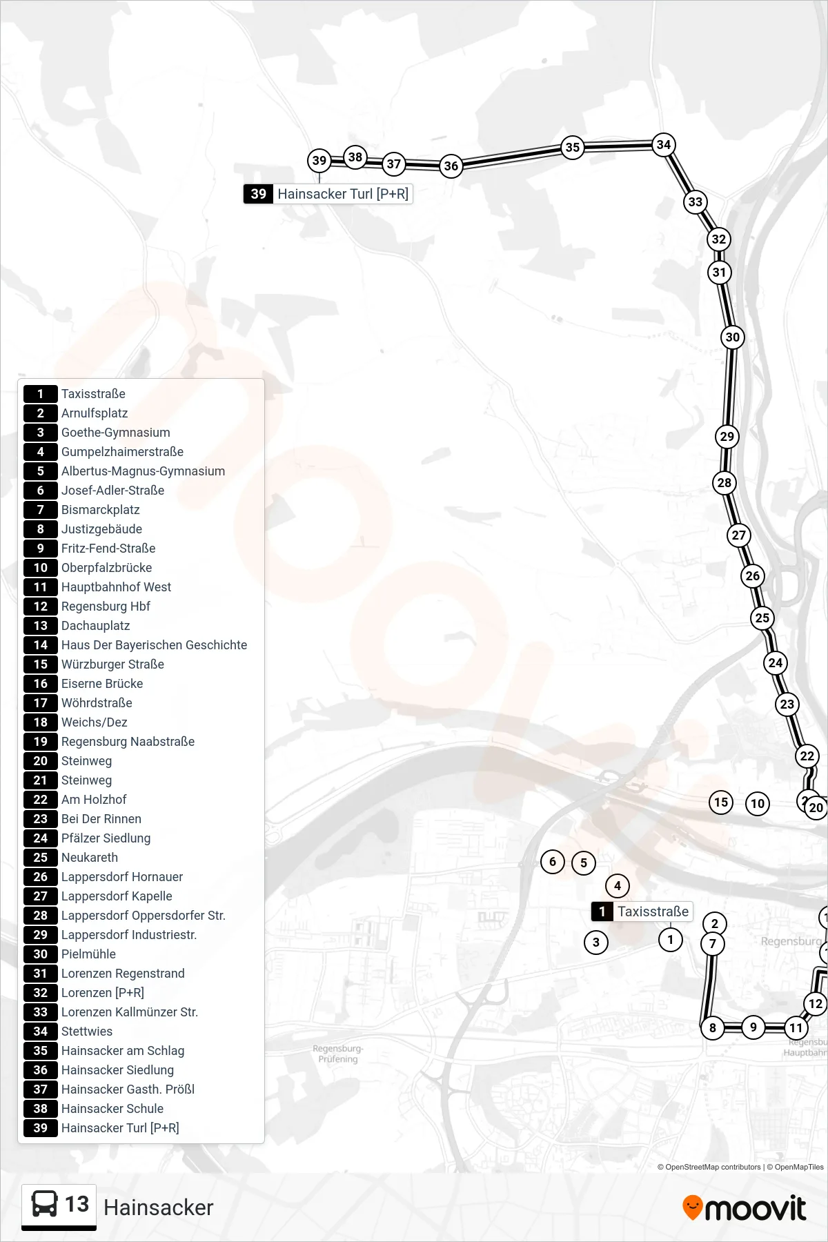 13 bus Line (Hainsacker) route and stops on a map