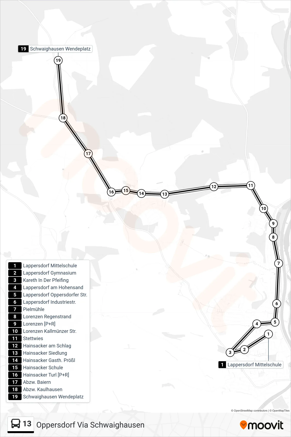 13 bus Line (Oppersdorf Via Schwaighausen) route and stops on a map