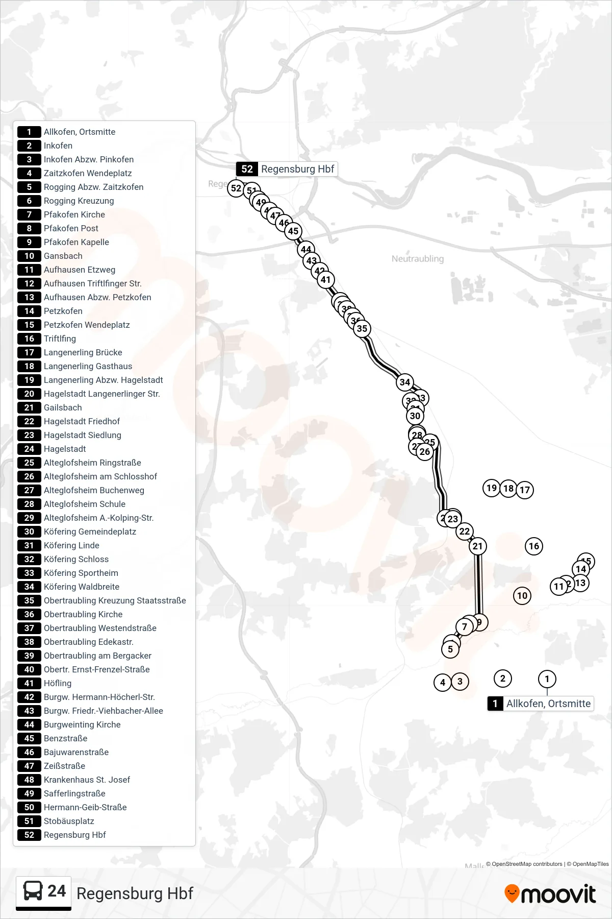 24 bus Line (Regensburg Hbf) route and stops on a map