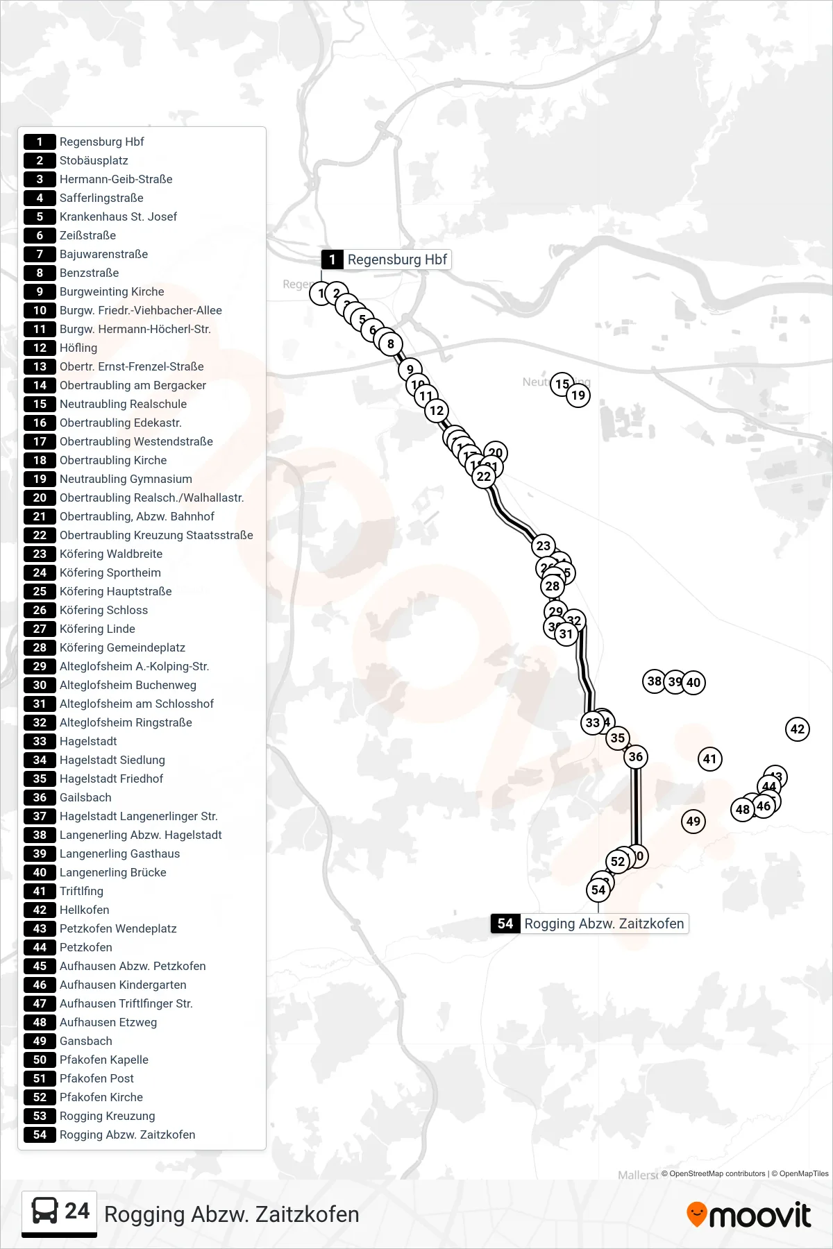 24 bus Line (Rogging Abzw. Zaitzkofen) route and stops on a map