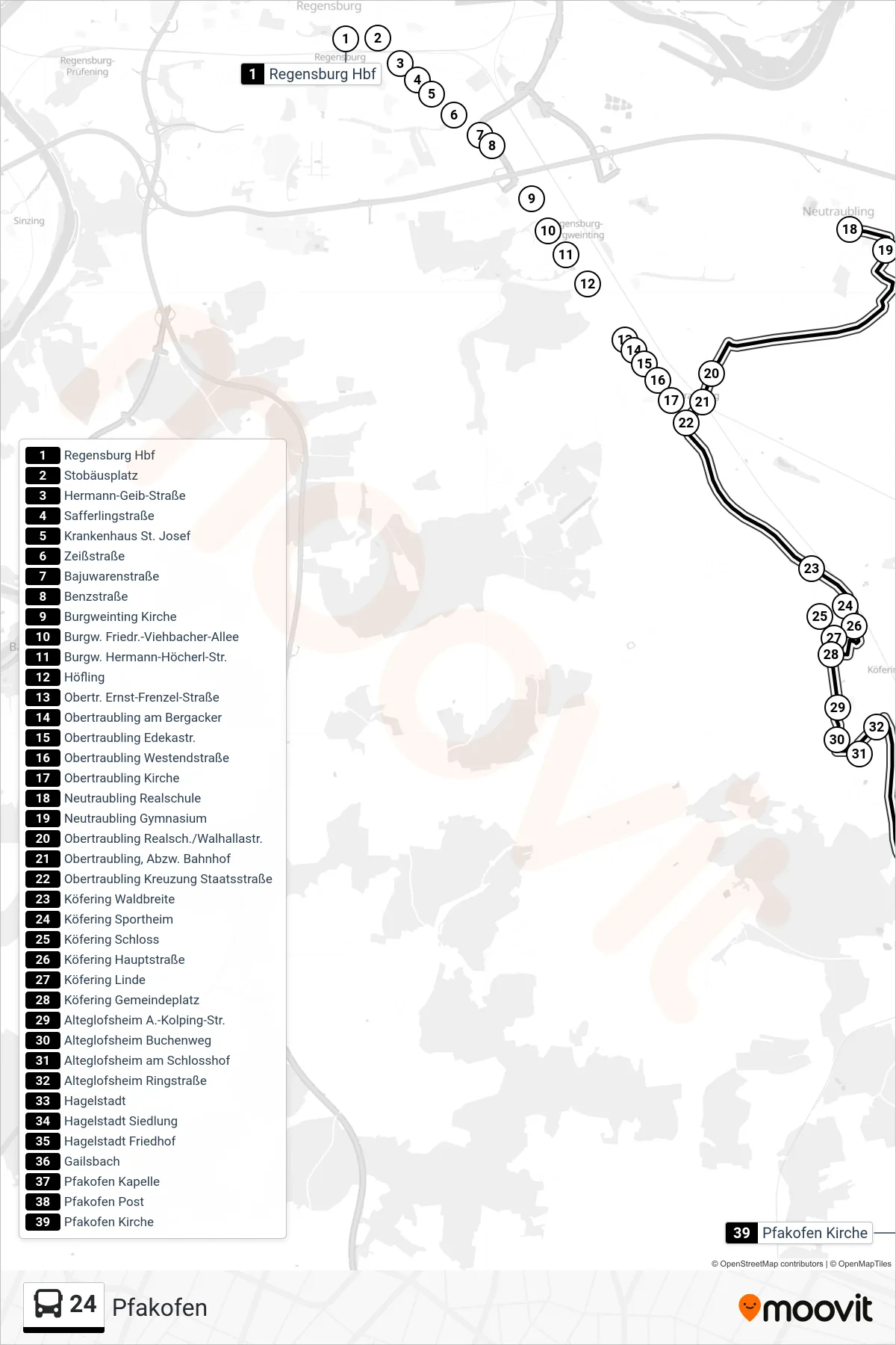 24 bus Line (Pfakofen) route and stops on a map