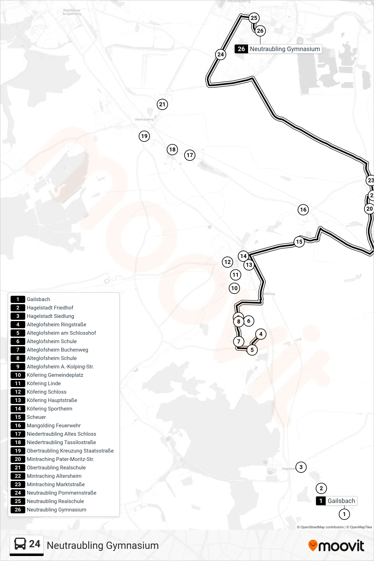 24 bus Line (Neutraubling Gymnasium) route and stops on a map