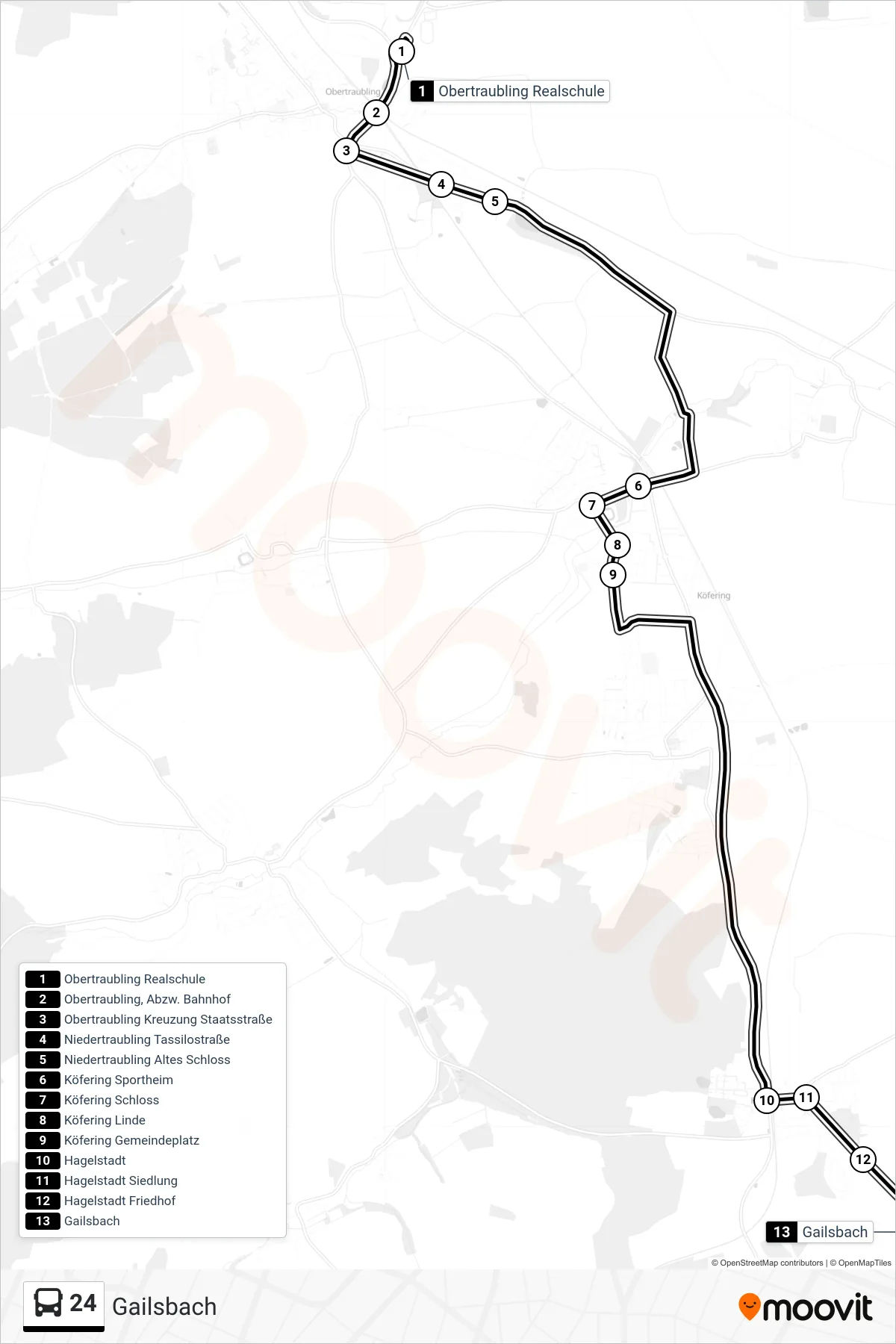 24 bus Line (Gailsbach) route and stops on a map