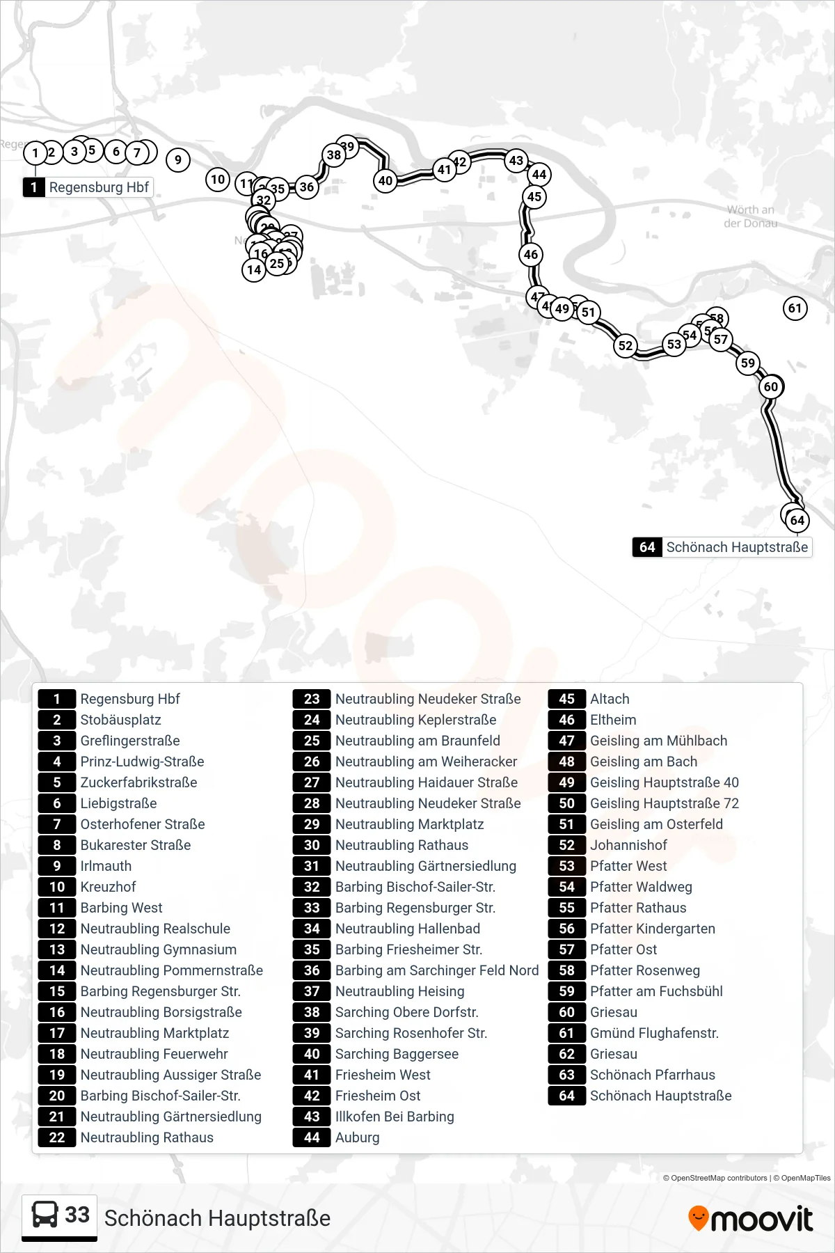 33 bus Line (Schönach Hauptstraße) route and stops on a map