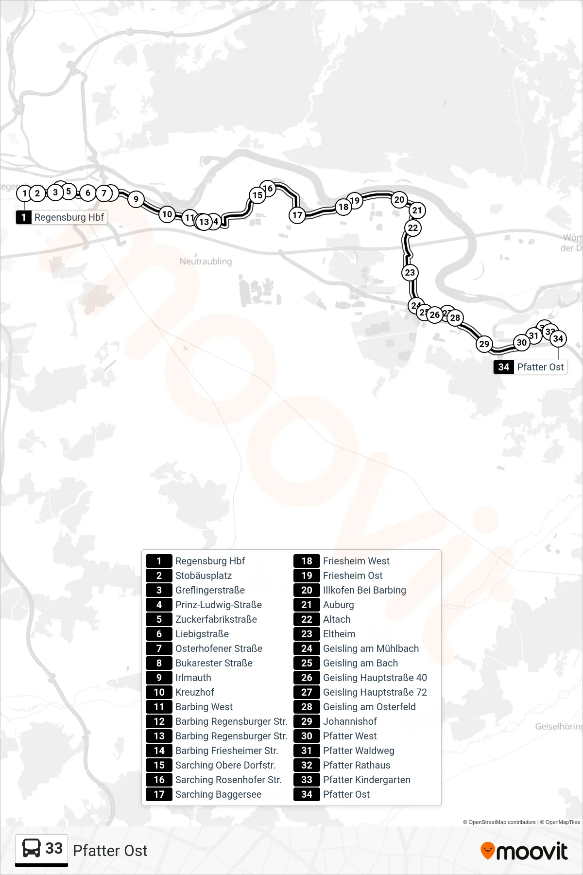 33 bus Line (Pfatter Ost) route and stops on a map