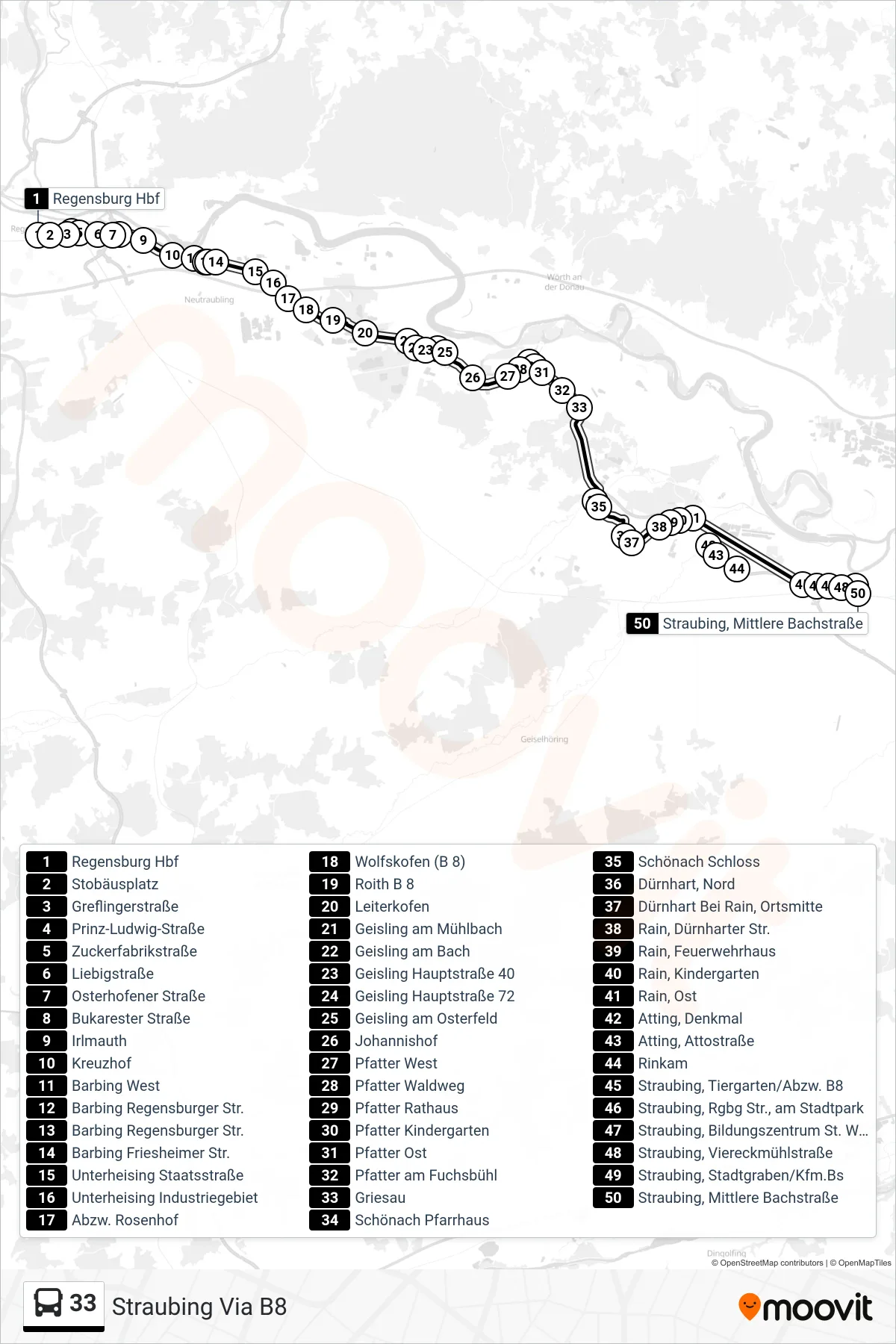 33 bus Line (Straubing Via B8) route and stops on a map