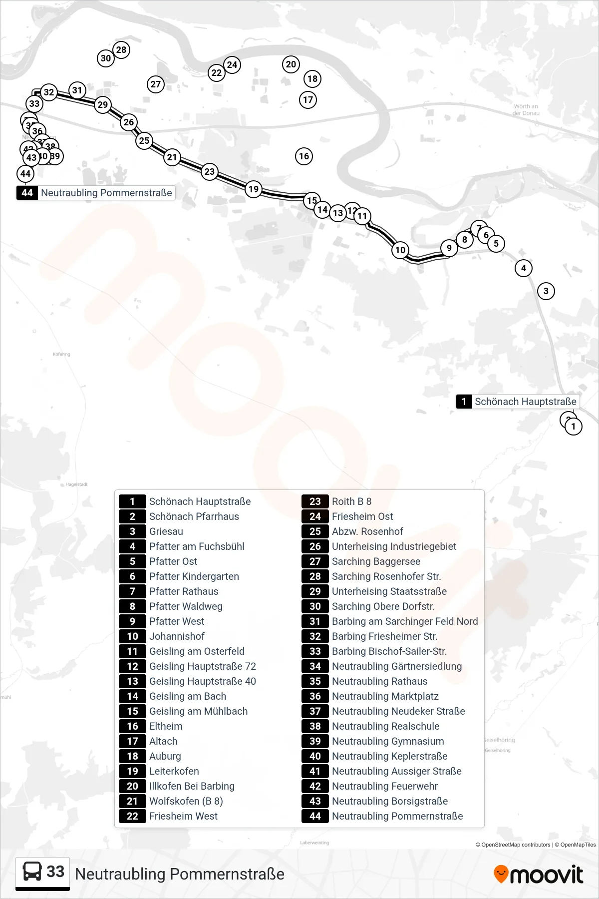 33 bus Line (Neutraubling Pommernstraße) route and stops on a map