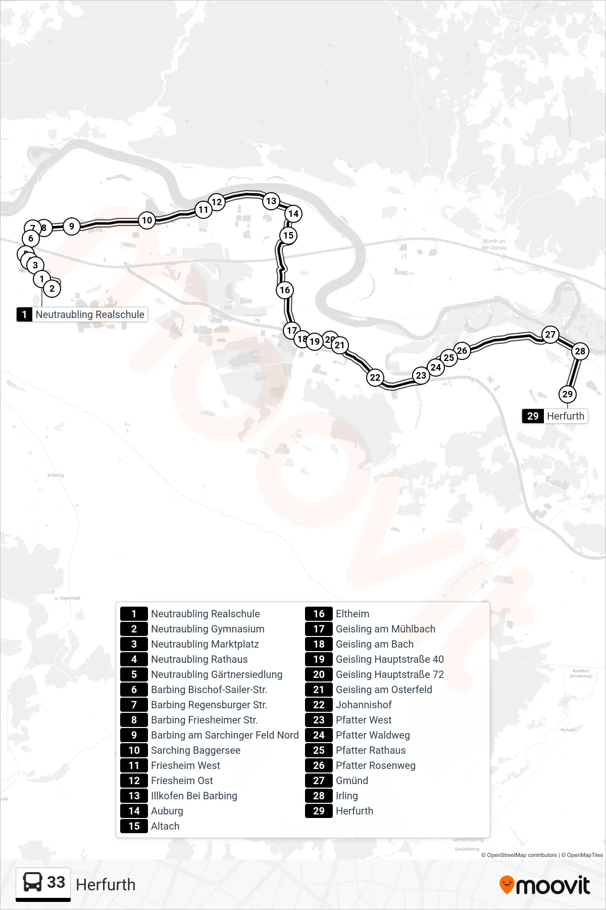 33 bus Line (Herfurth) route and stops on a map