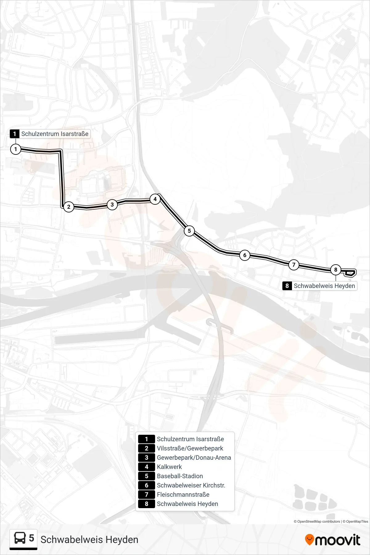 Linie 5 (Bus) Richtung Schwabelweis Heyden: Route und Haltestellen auf der Karte