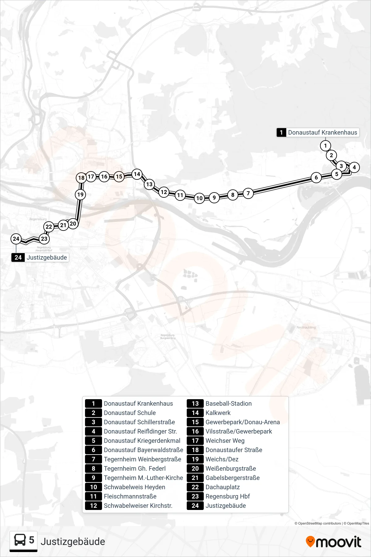 5 bus Line (Justizgebäude) route and stops on a map
