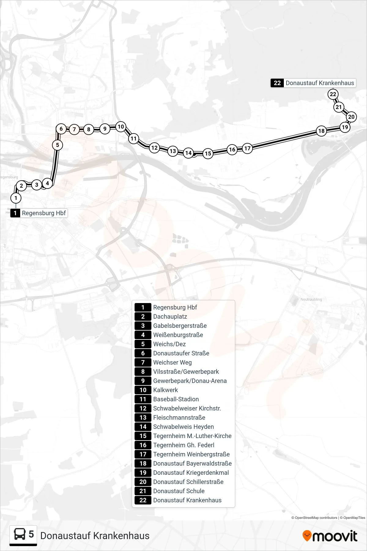 5 bus Line (Donaustauf Krankenhaus) route and stops on a map