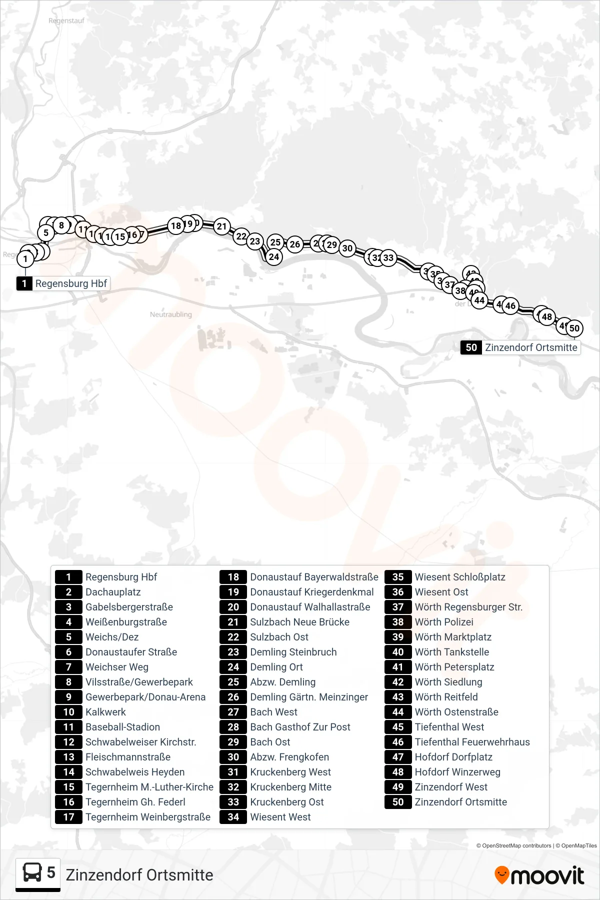 5 bus Line (Zinzendorf Ortsmitte) route and stops on a map