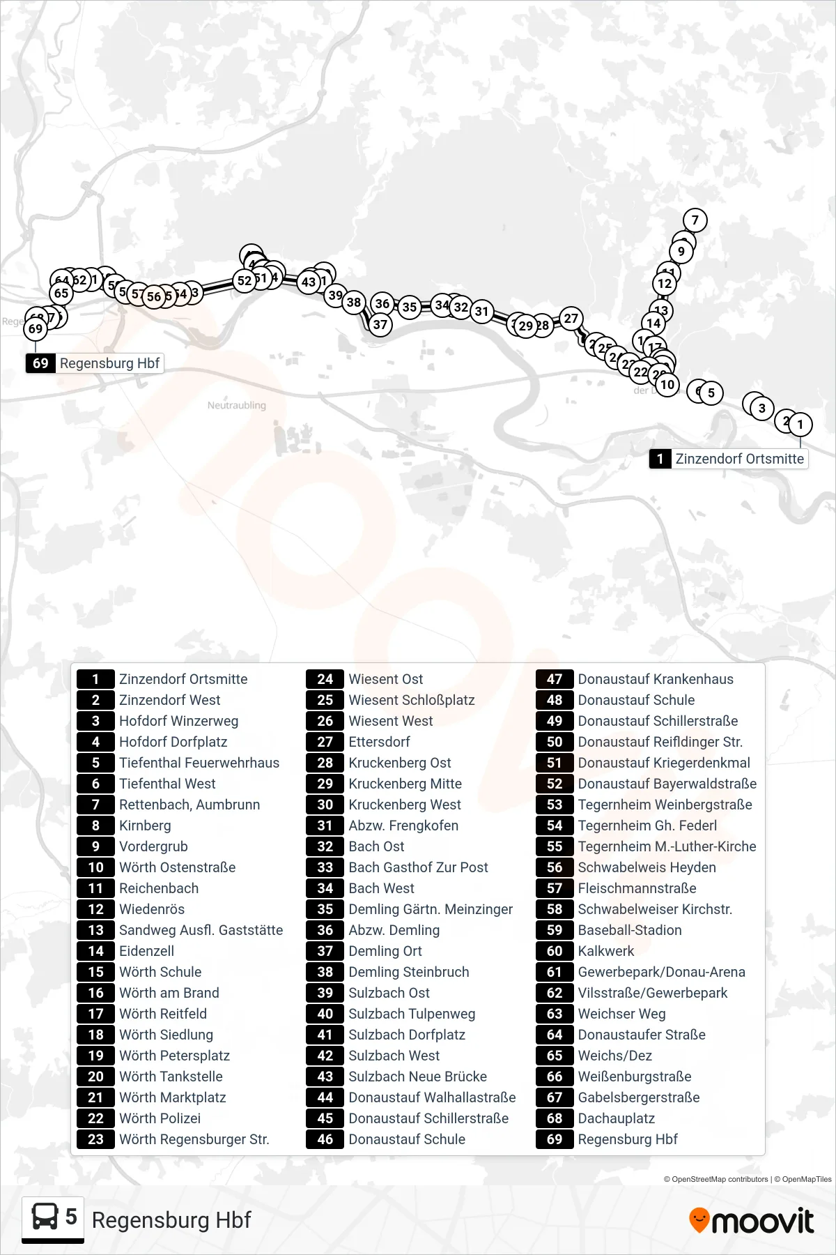 5 bus Line (Regensburg Hbf) route and stops on a map