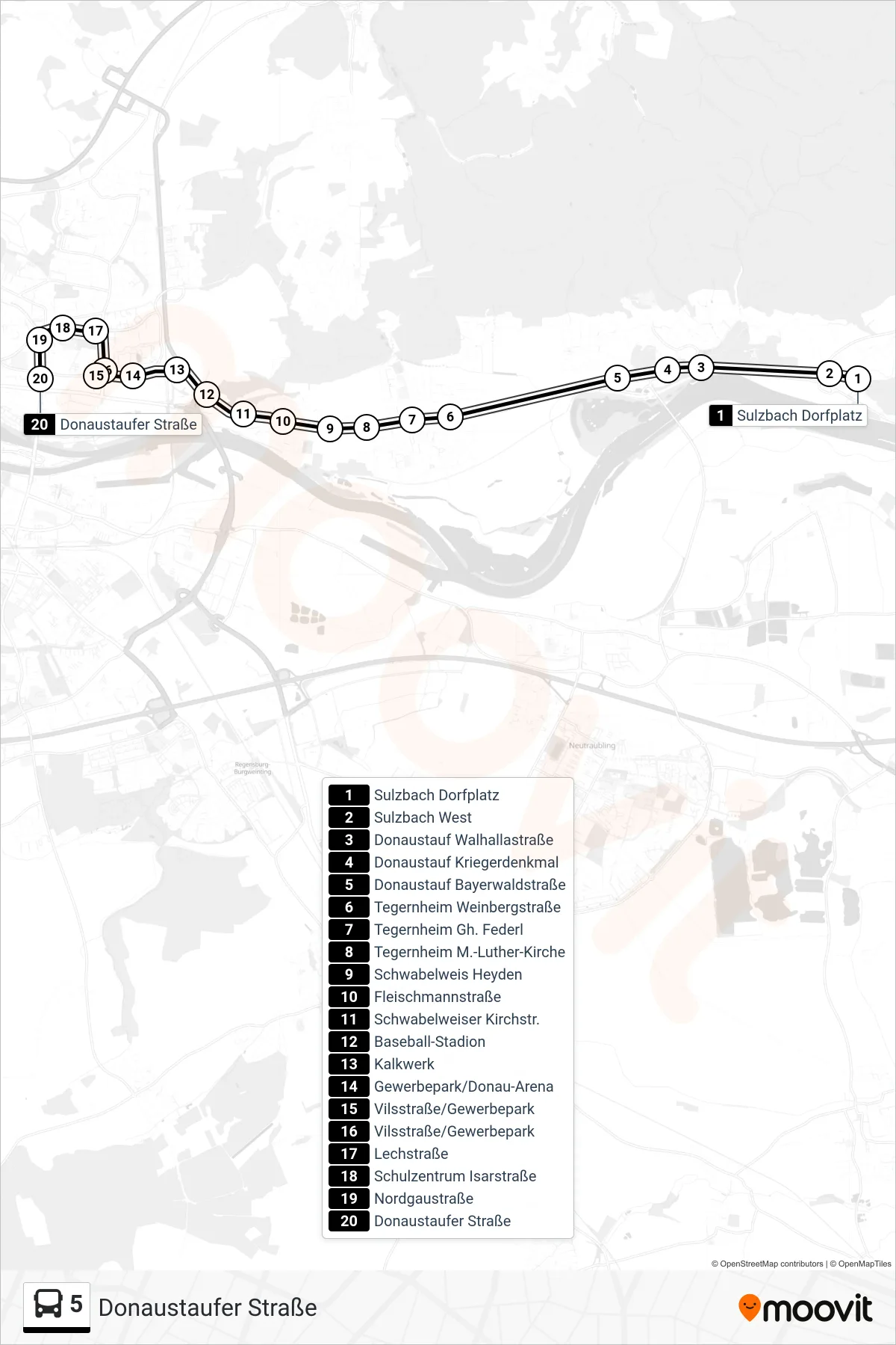 5 bus Line (Donaustaufer Straße) route and stops on a map