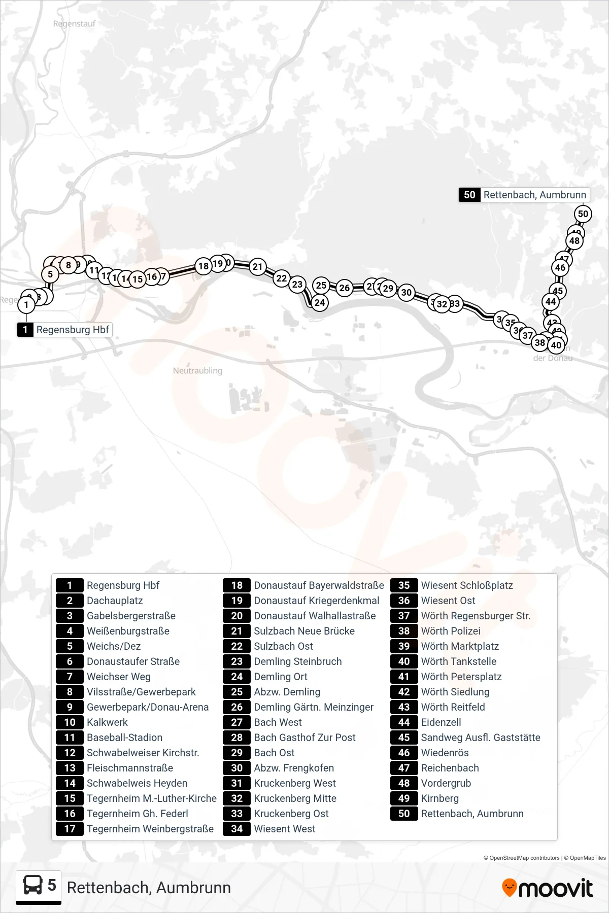 5 bus Line (Rettenbach, Aumbrunn) route and stops on a map