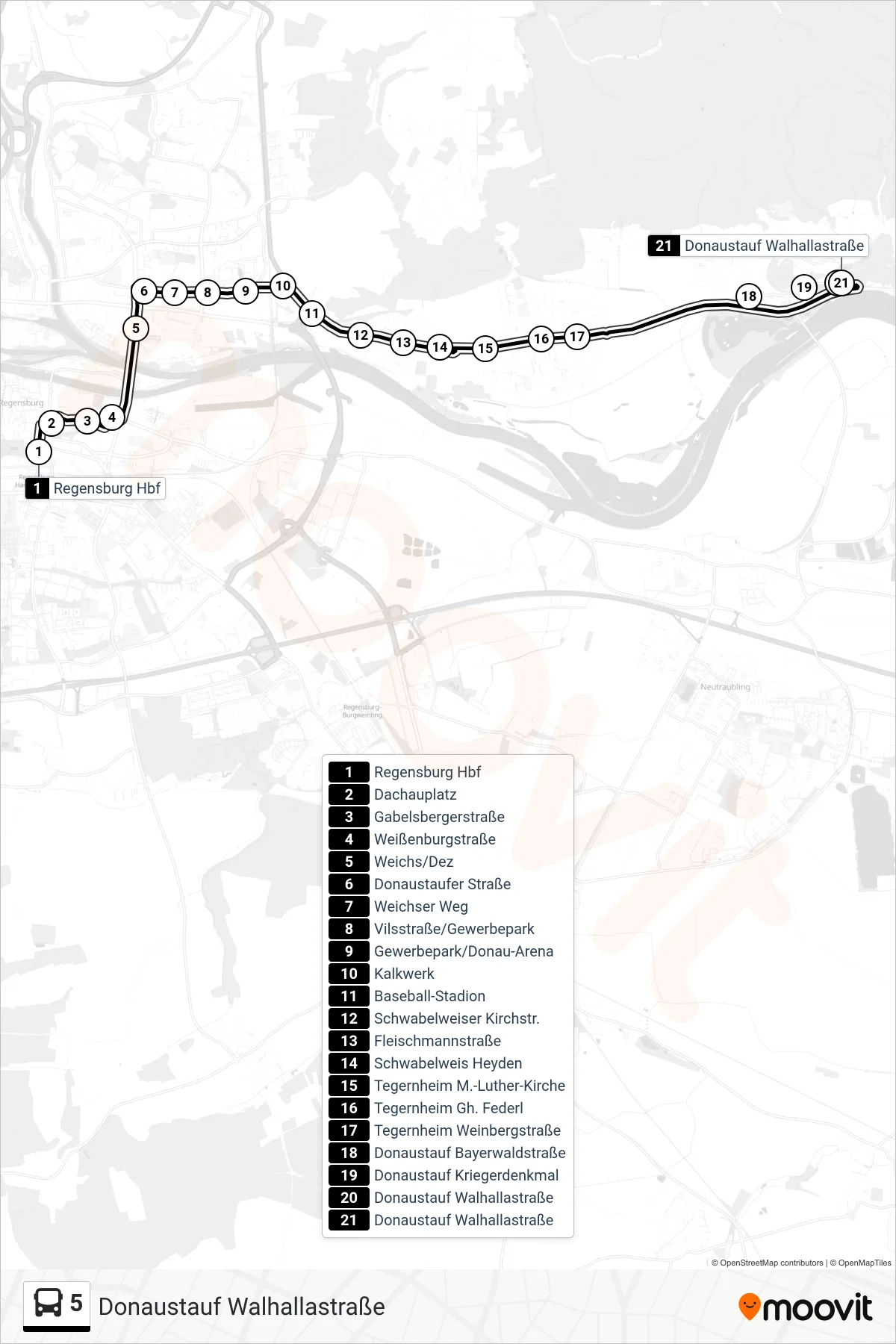 5 bus Line (Donaustauf Walhallastraße) route and stops on a map