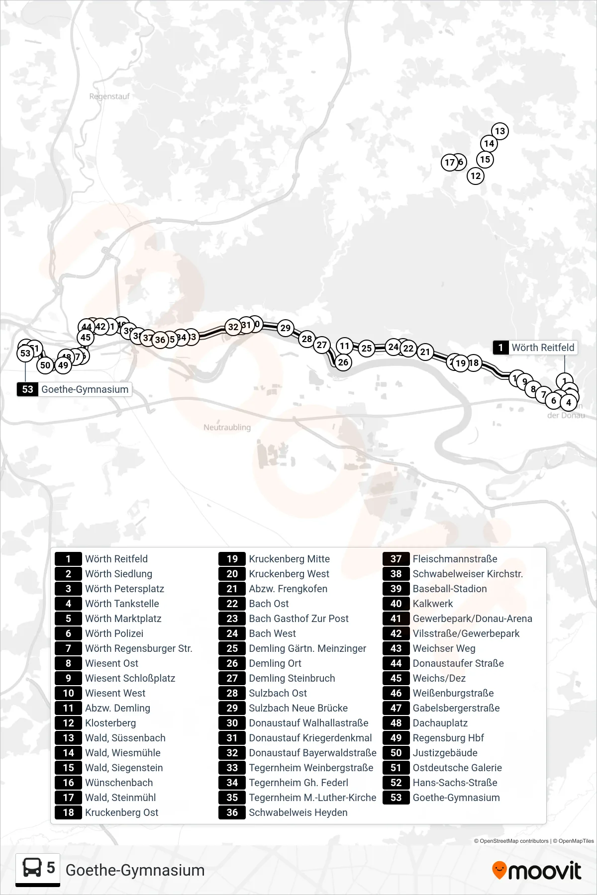 5 bus Line (Goethe-Gymnasium) route and stops on a map