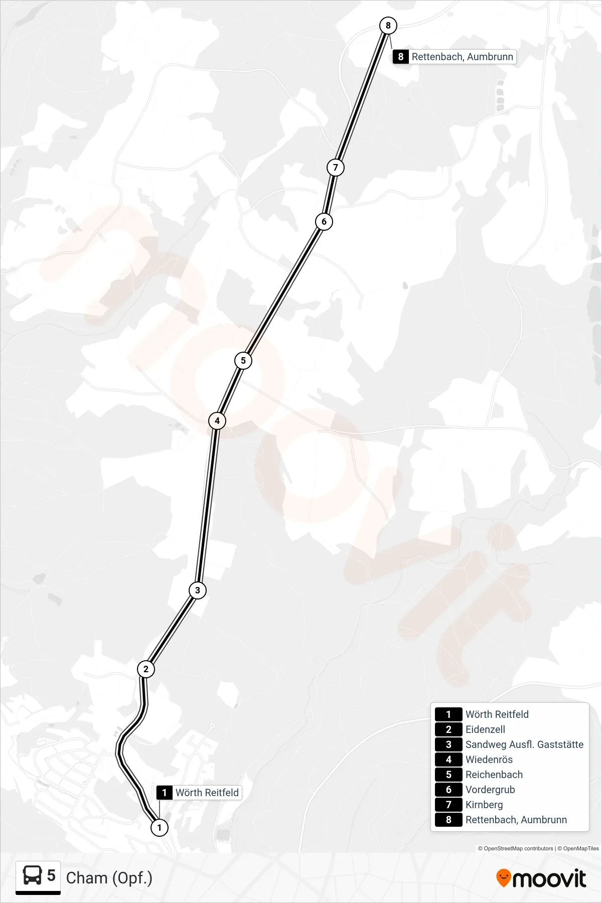 5 bus Line (Cham (Opf.)) route and stops on a map