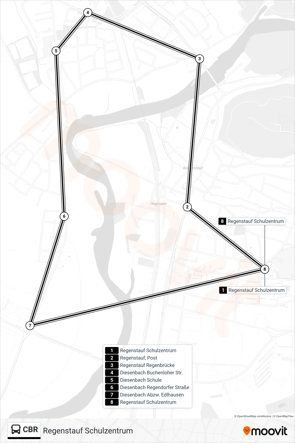 Linie CBR (Bus) Richtung Regenstauf Schulzentrum: Route und Haltestellen auf der Karte