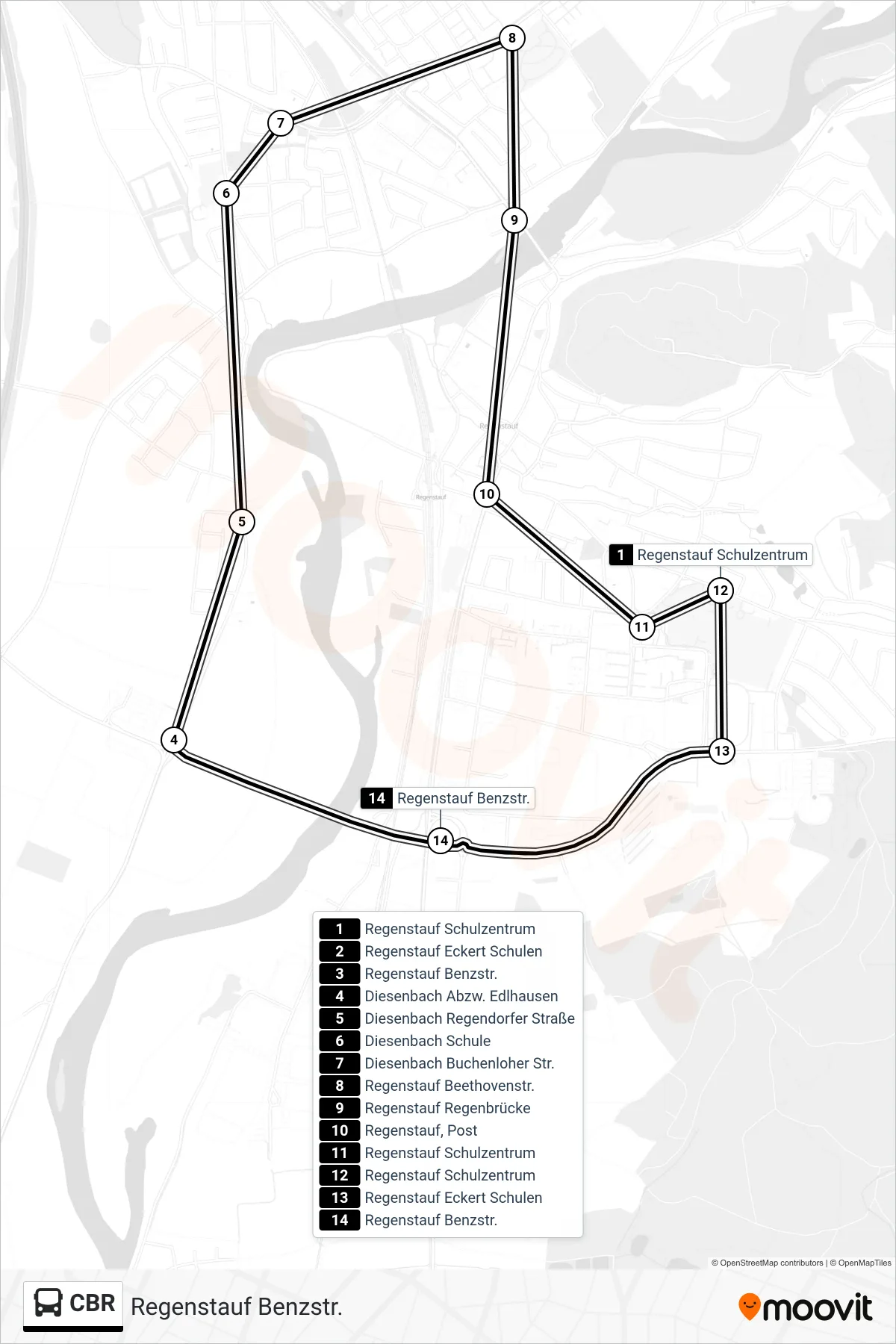 CBR bus Line (Regenstauf Benzstr.) route and stops on a map