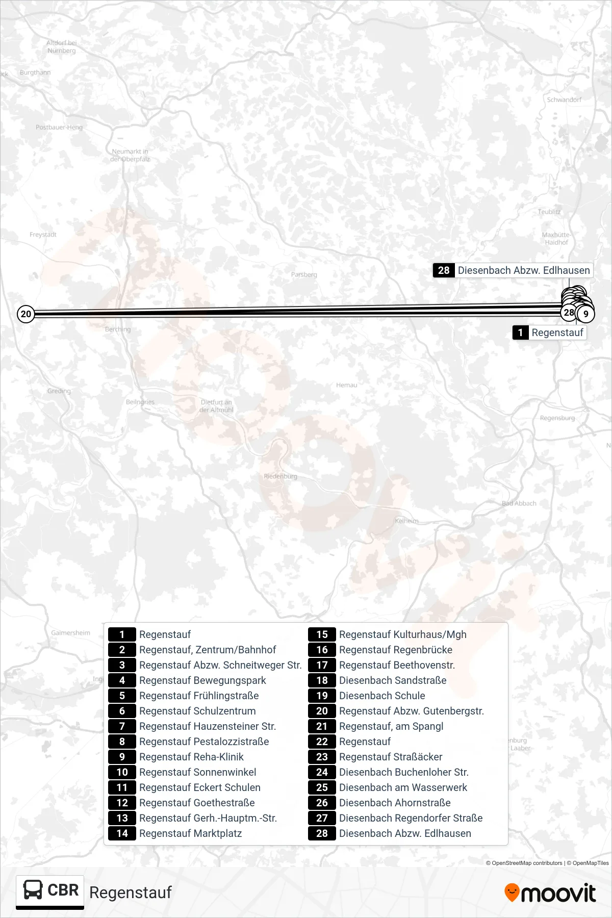 CBR bus Line (Regenstauf) route and stops on a map